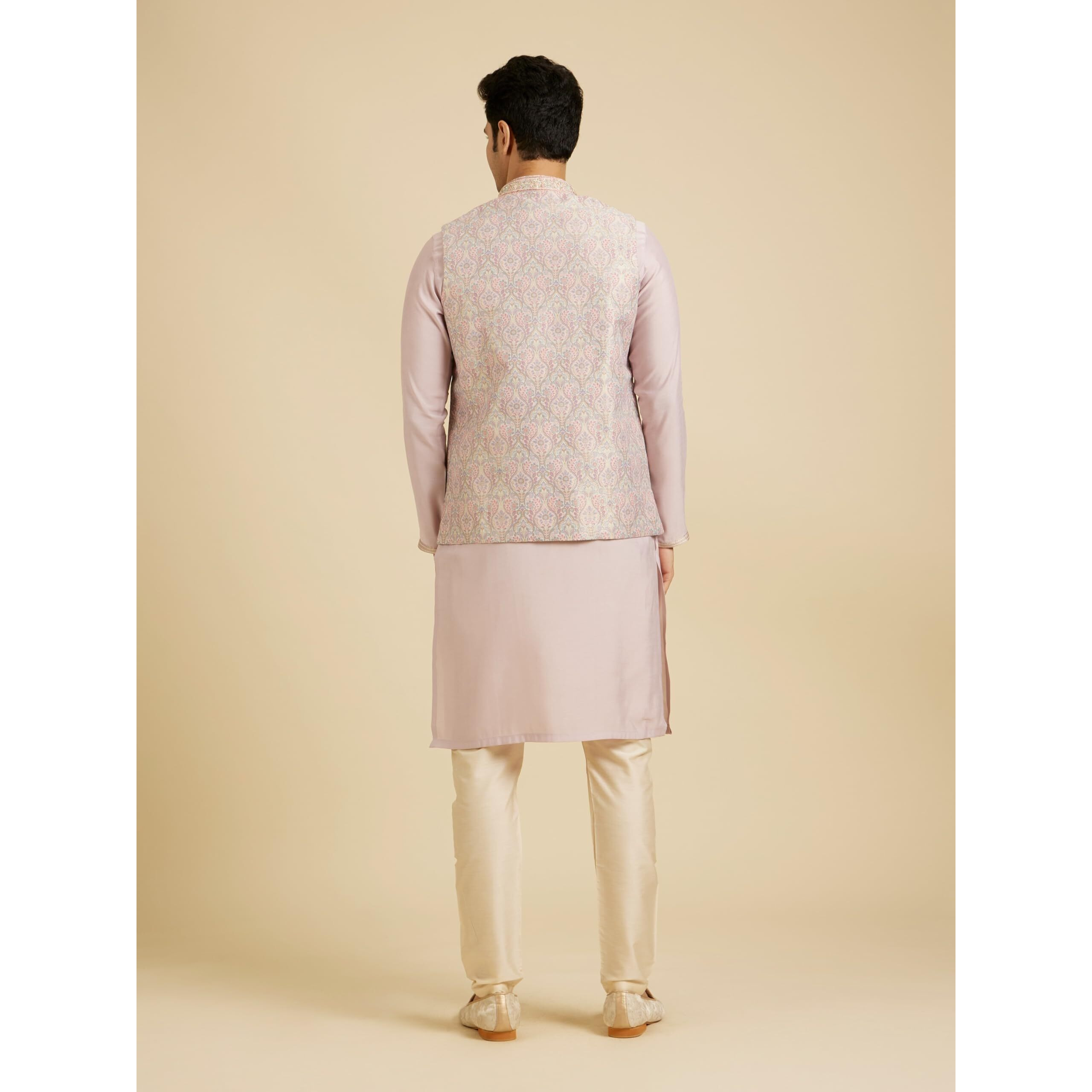 Manyavar Men's Brocade Intricate Floral Print Kurta Jacket Set (Pink,S)