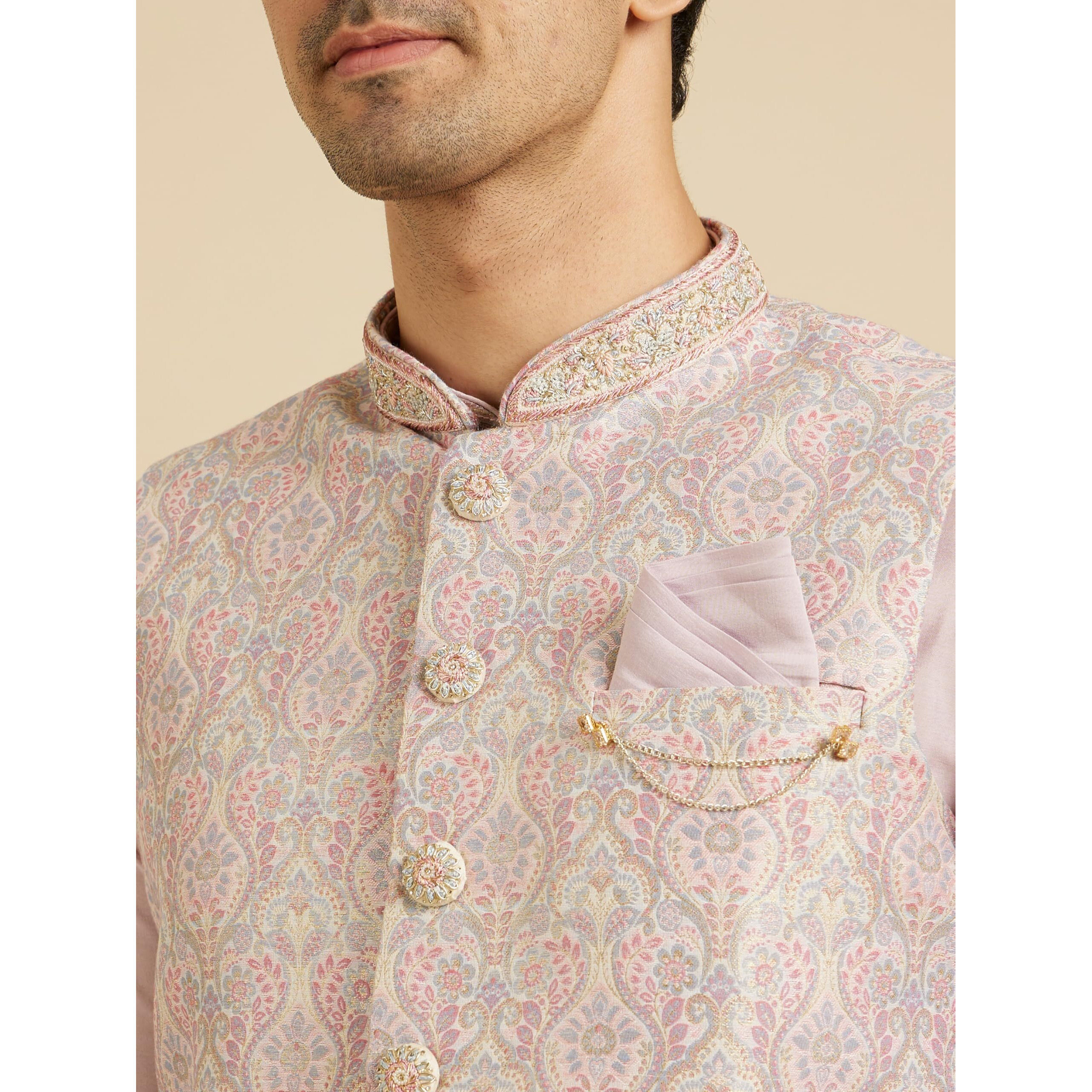 Manyavar Men's Brocade Intricate Floral Print Kurta Jacket Set (Pink,S)