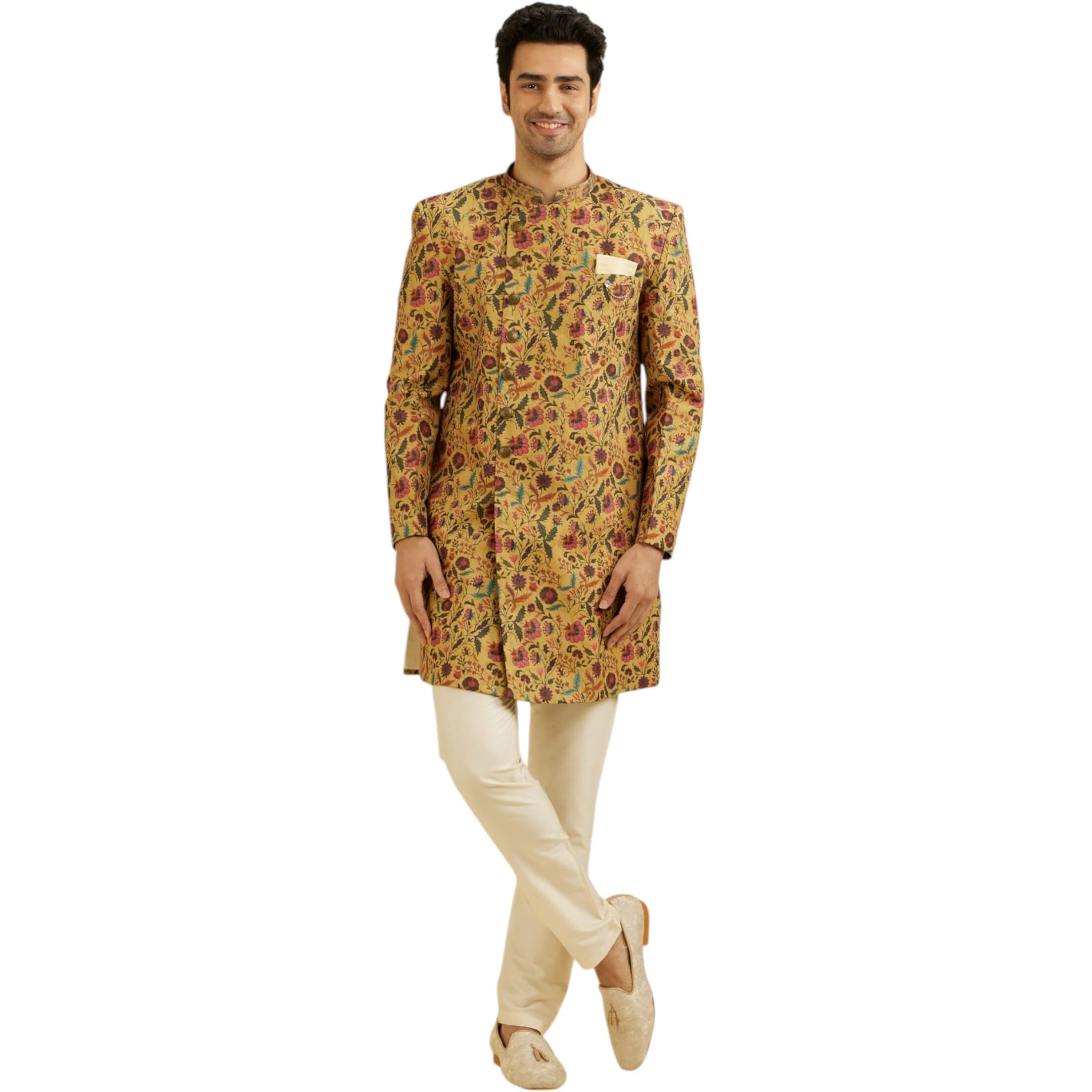 Manyavar Men's Viscose Blend Floral Print Kurta Set (Mustard,Xxl)