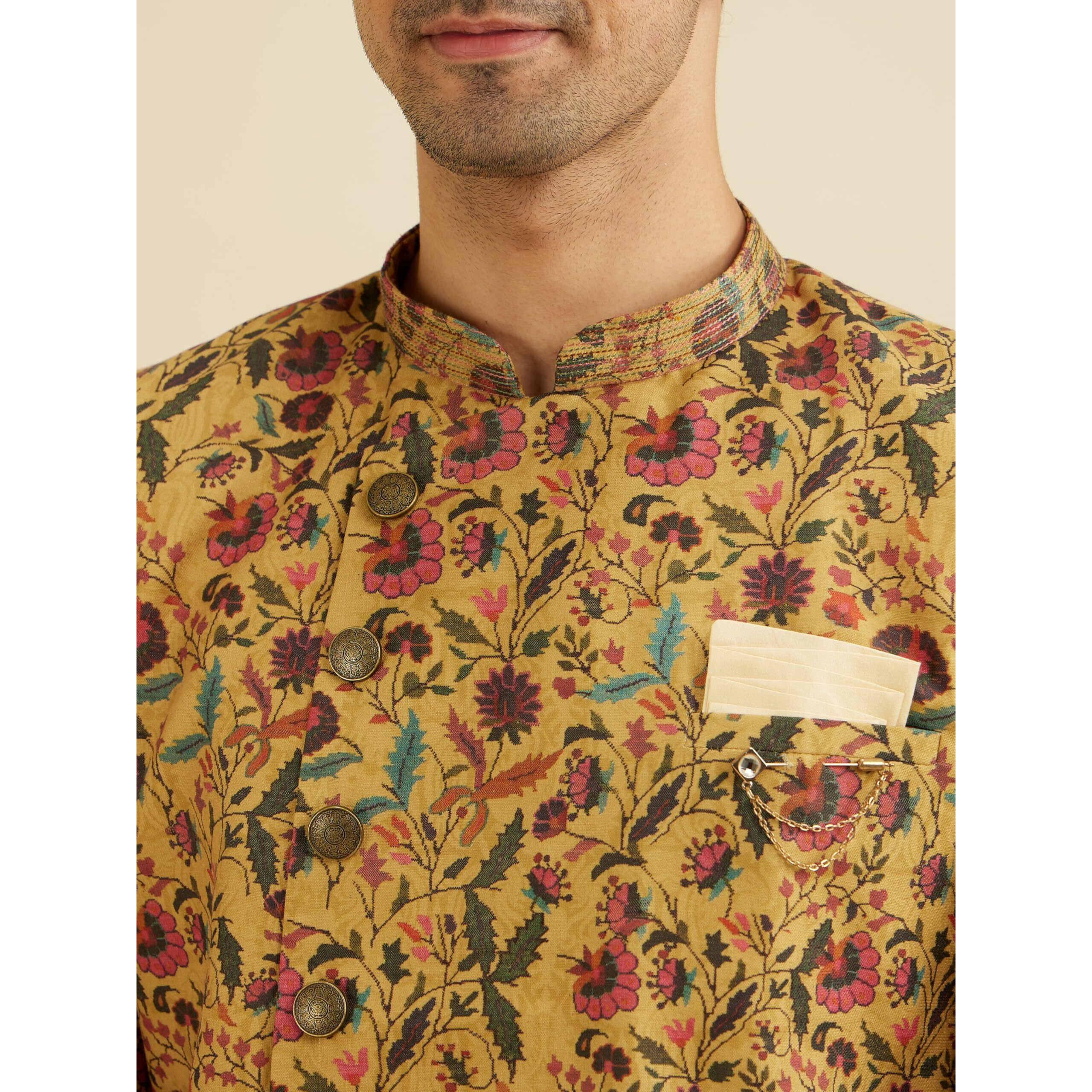 Manyavar Men's Viscose Blend Floral Print Kurta Set (Mustard,Xxl)