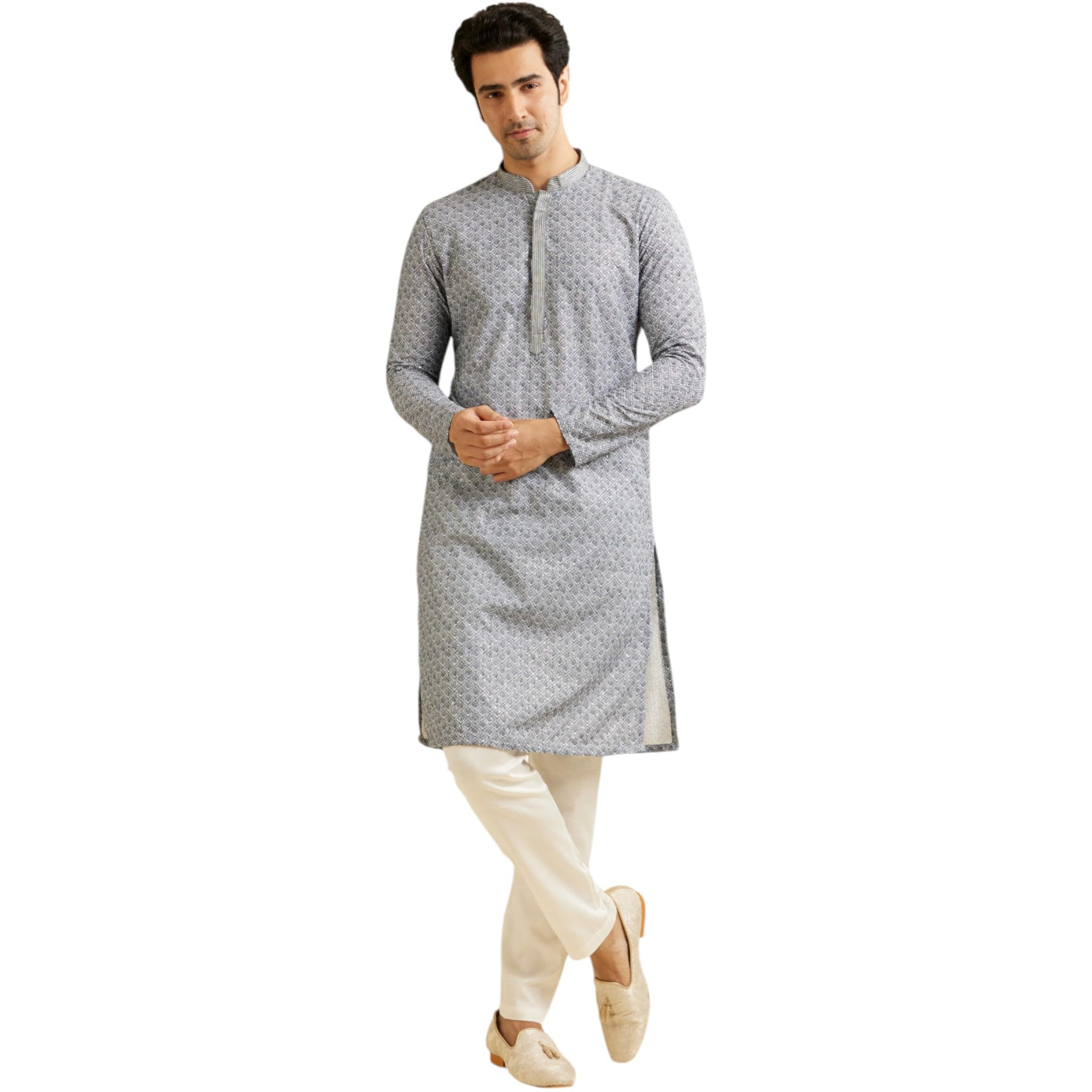 Manyavar Men's Cotton Blend Chikankari Print Kurta Set (Dark Grey,Xl)
