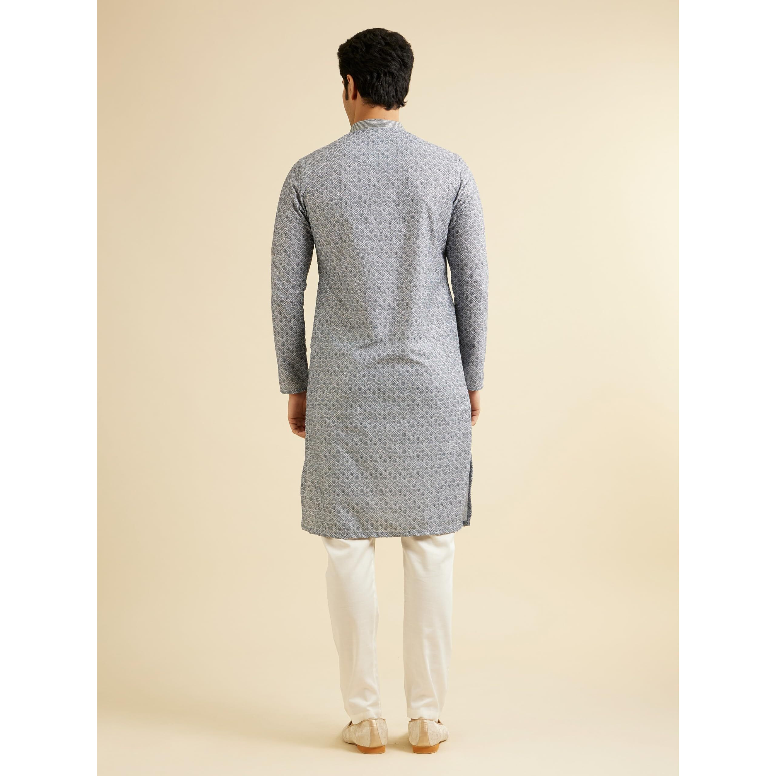 Manyavar Men's Cotton Blend Chikankari Print Kurta Set (Dark Grey,Xl)
