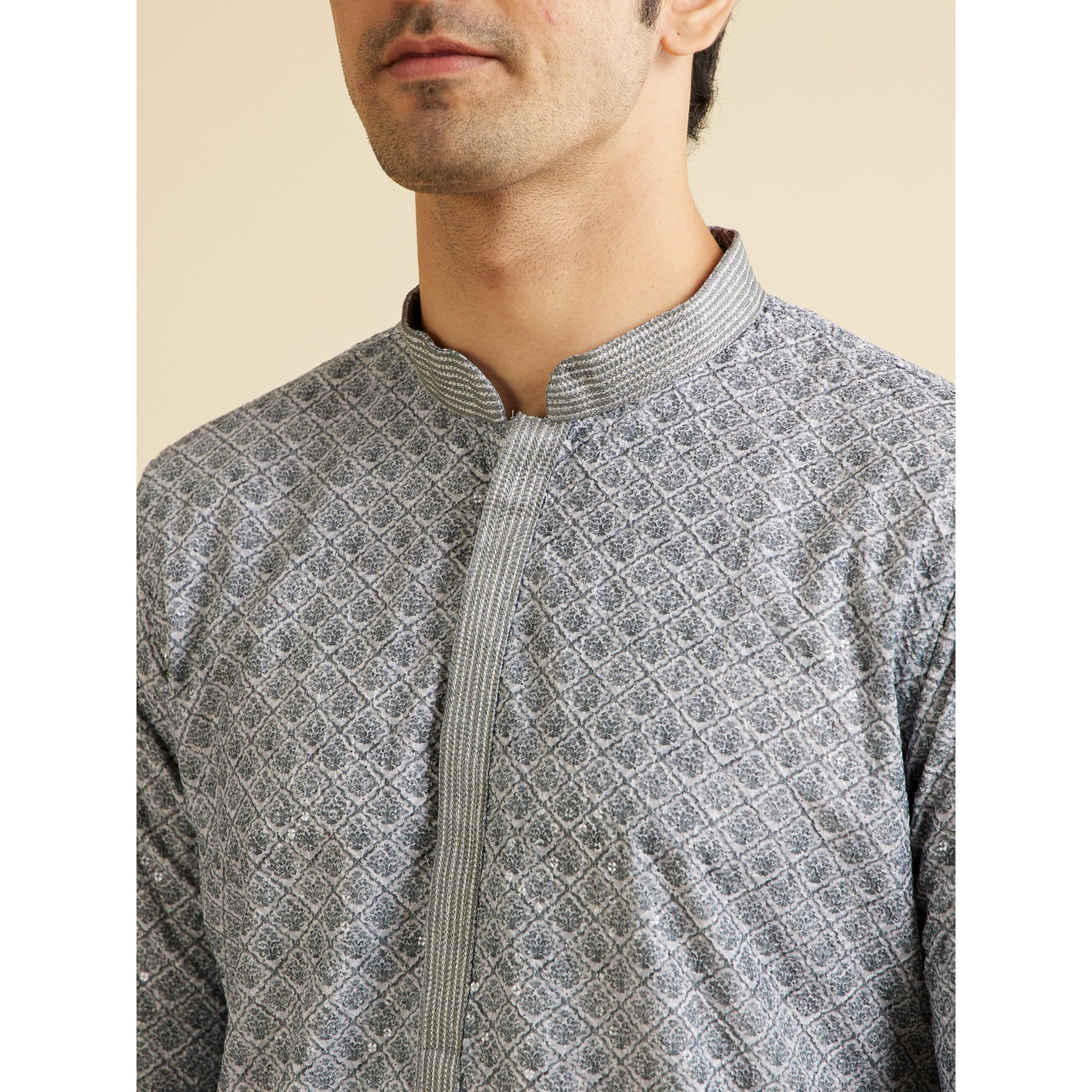 Manyavar Men's Cotton Blend Chikankari Print Kurta Set (Dark Grey,Xl)