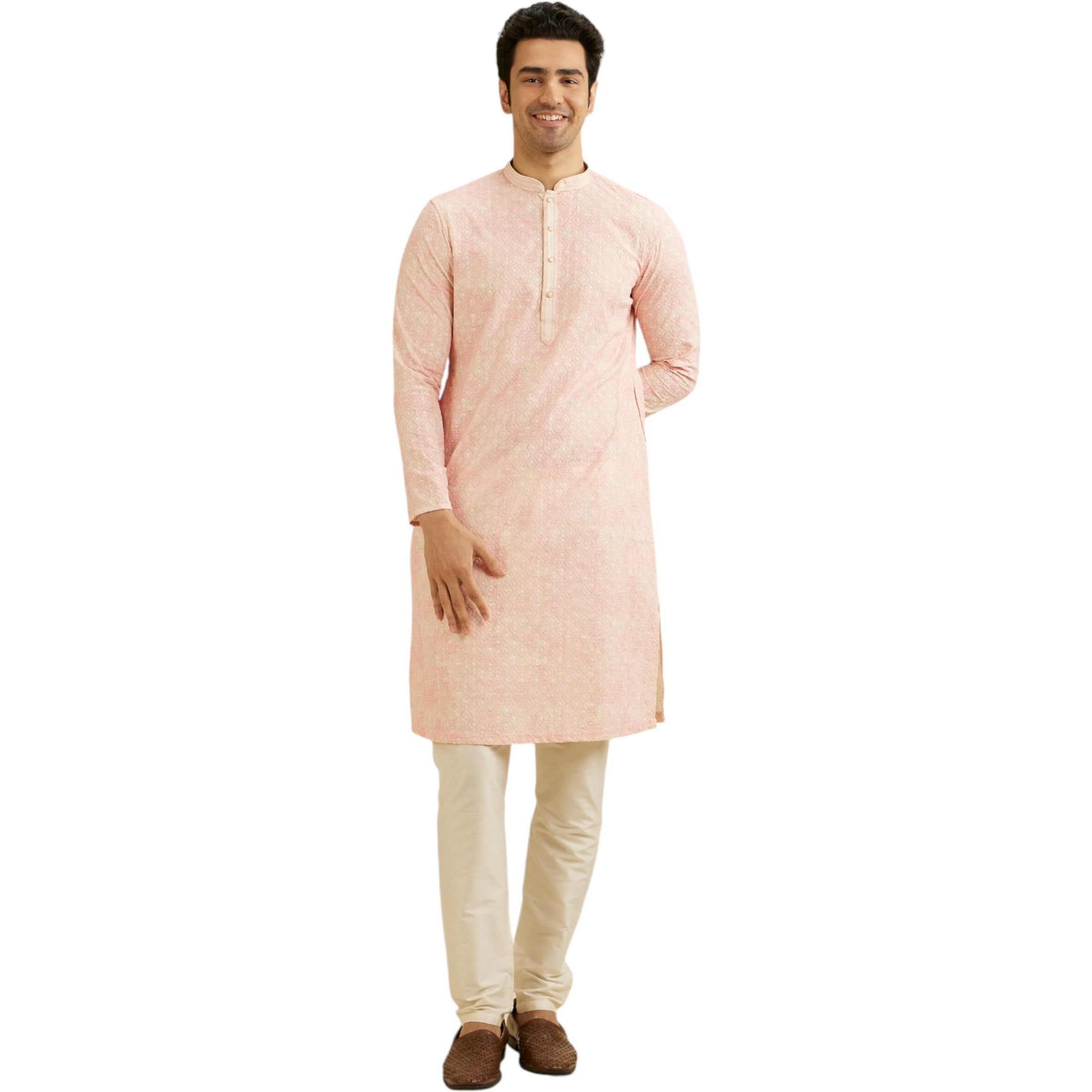 Manyavar Men's Cotton Blend Chikankari Printed Kurta Set (Pink,Xl)