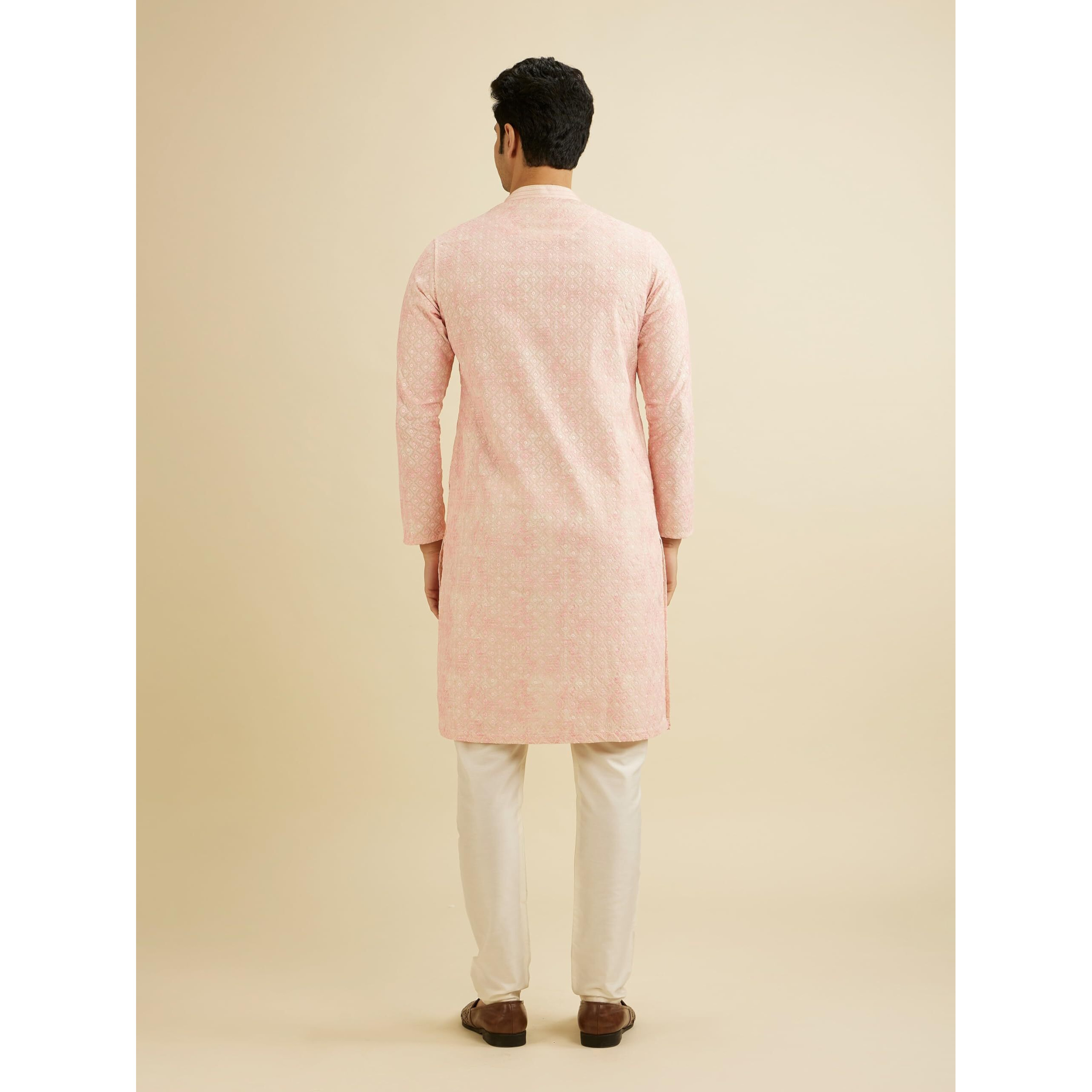 Manyavar Men's Cotton Blend Chikankari Printed Kurta Set (Pink,Xl)