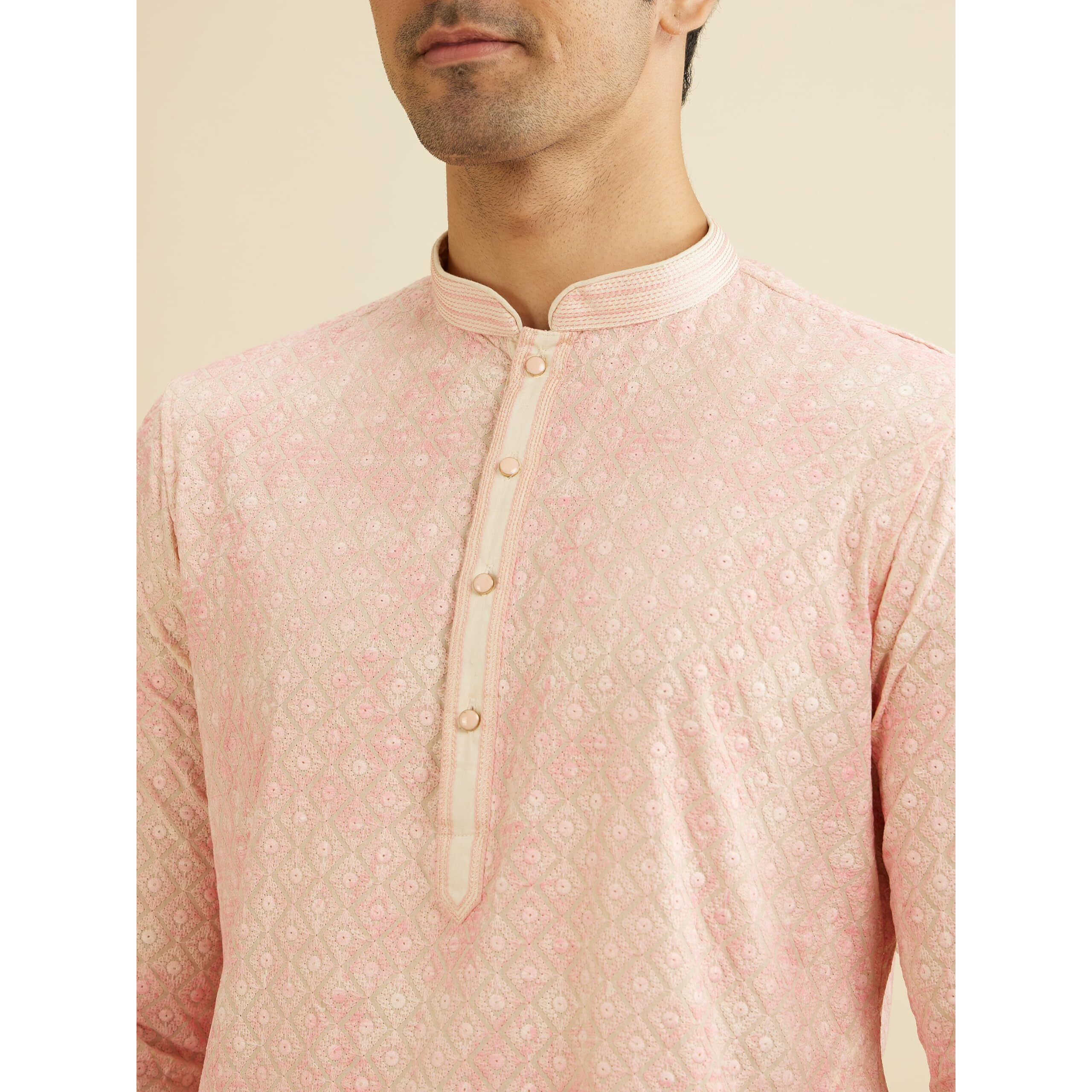 Manyavar Men's Cotton Blend Chikankari Printed Kurta Set (Pink,Xl)