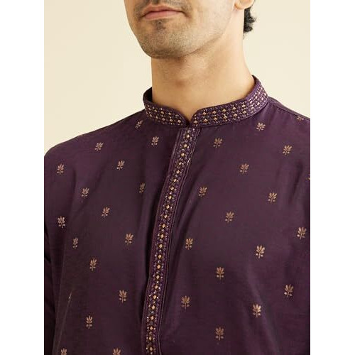 Manyavar Men's Art Silk Thread Work| Self Design Kurta Pyjama Set (Purple,L)
