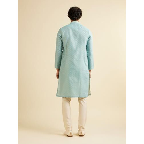 Manyavar Men's Art Silk Jaal Patterned Kurta Set (Aqua Green,Xxl)