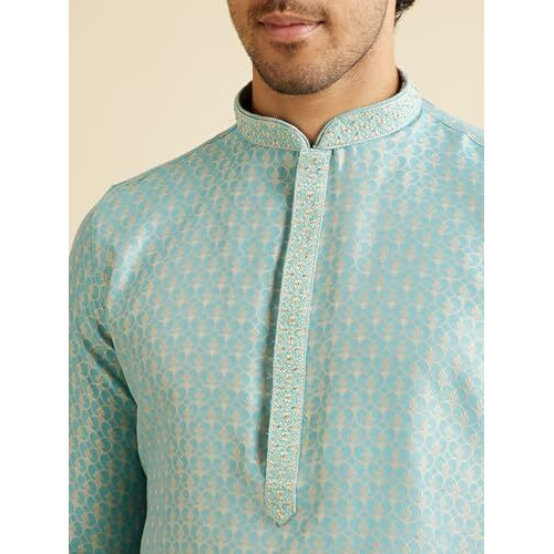 Manyavar Men's Art Silk Jaal Patterned Kurta Set (Aqua Green,Xxl)