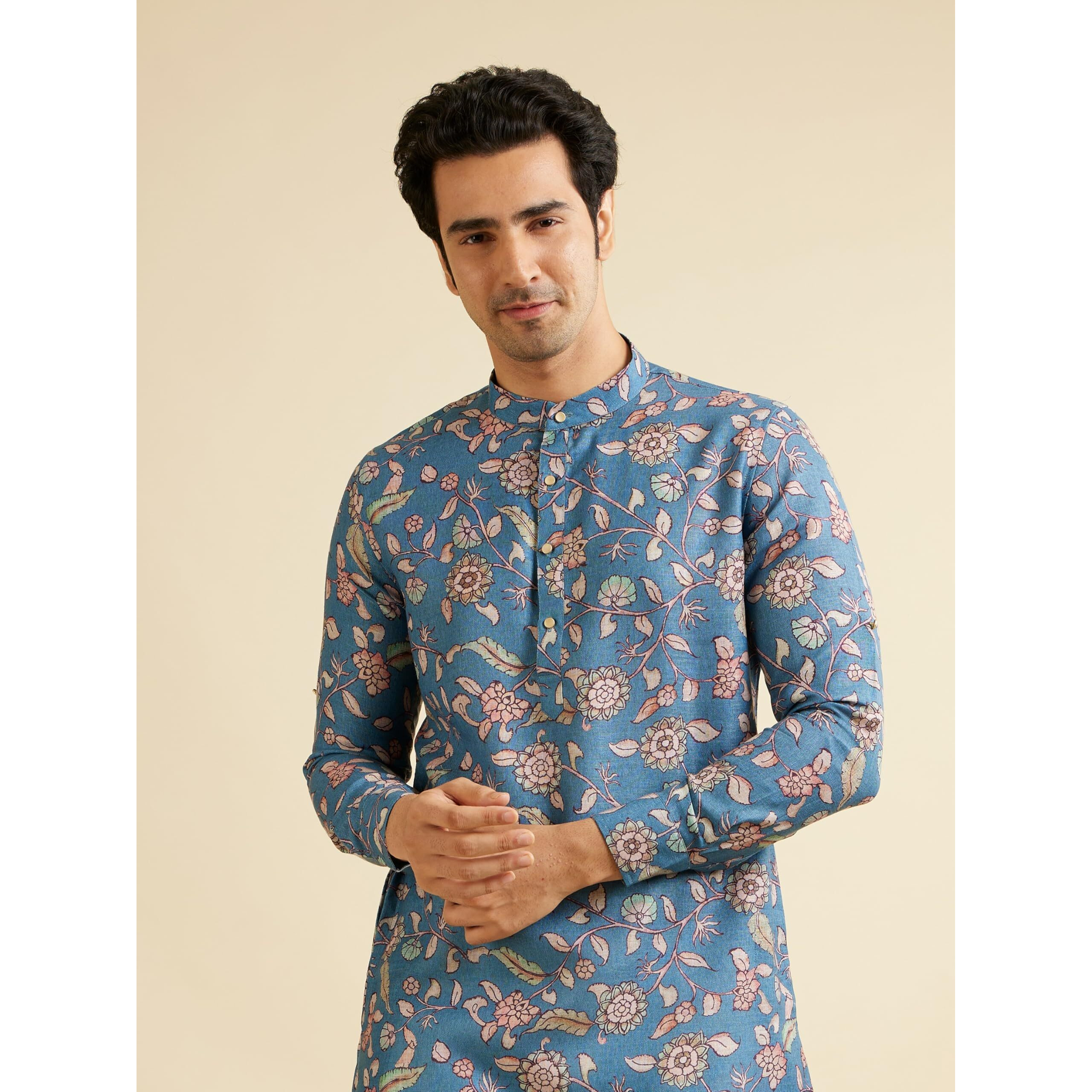 Manyavar Men's Viscose Blend Floral Print Kurta (Mid Blue,M)