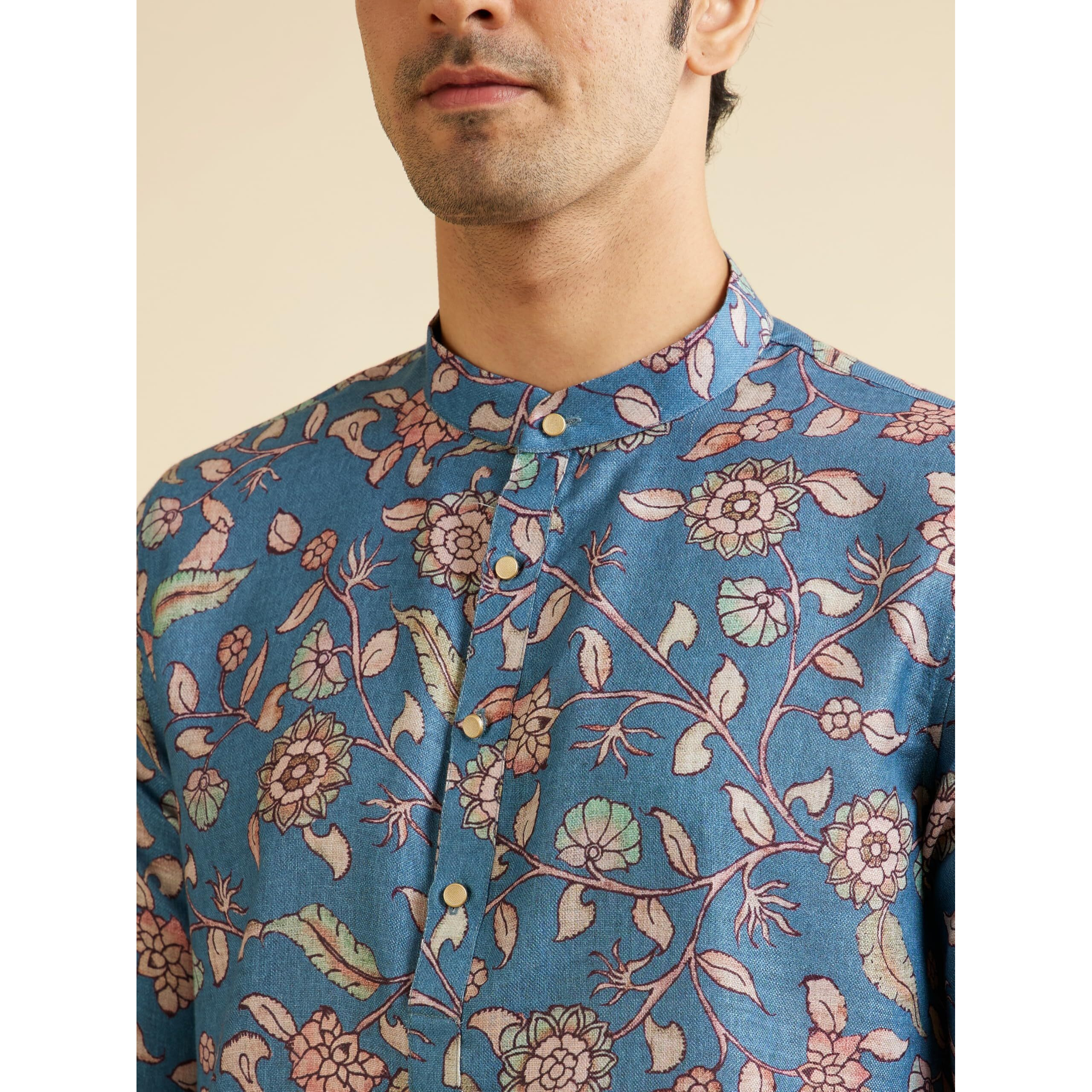 Manyavar Men's Viscose Blend Floral Print Kurta (Mid Blue,M)