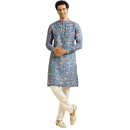 Manyavar Men's Viscose Blend Floral Print Kurta (Mid Blue,L)