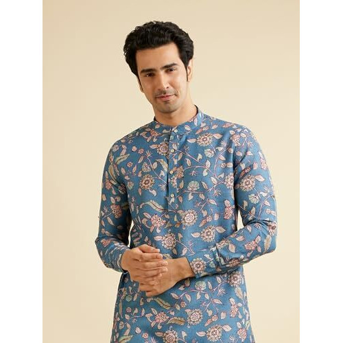 Manyavar Men's Viscose Blend Floral Print Kurta (Mid Blue,L)