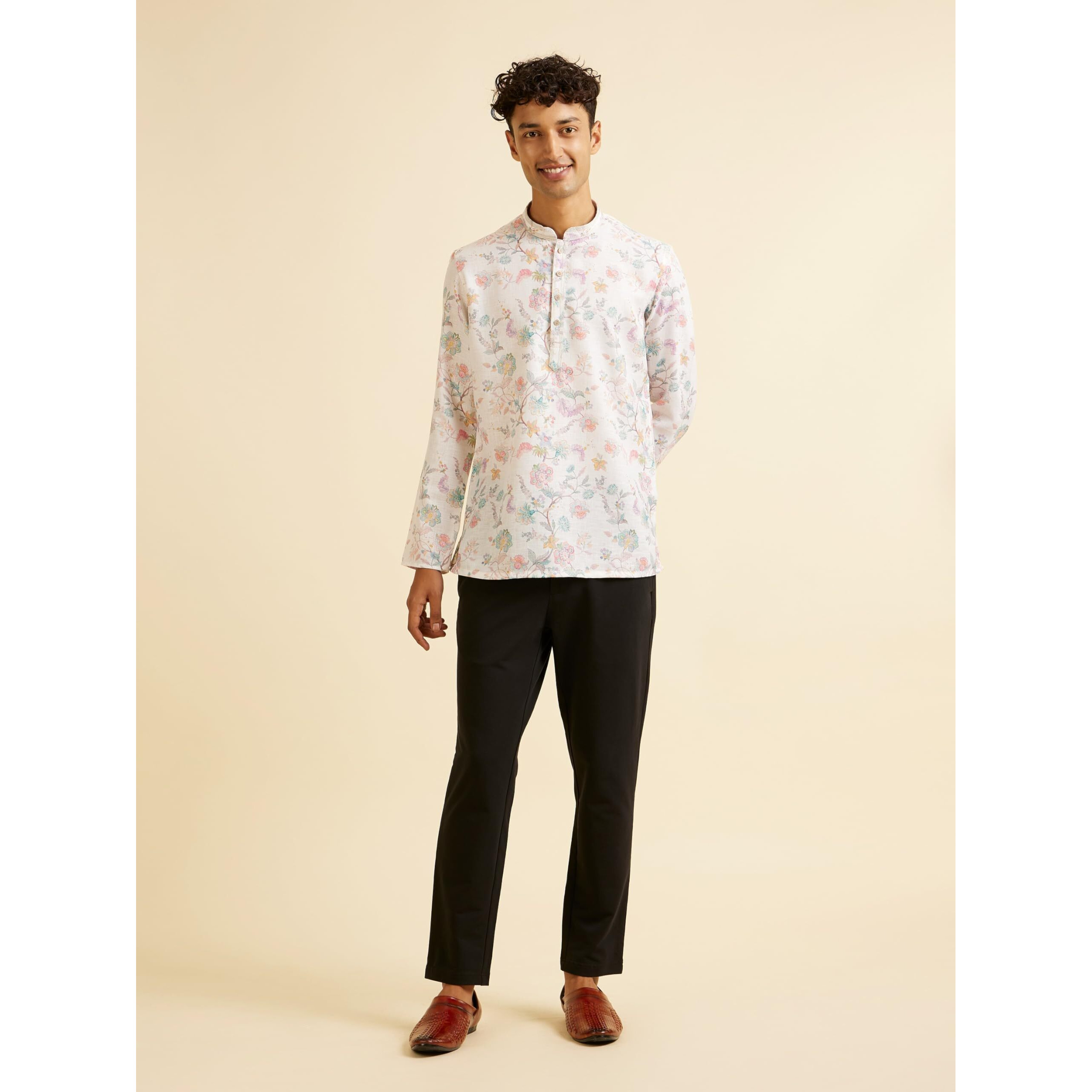 Manyavar Men's Cotton Blend Printed Short Kurta (Warm White,Xl)