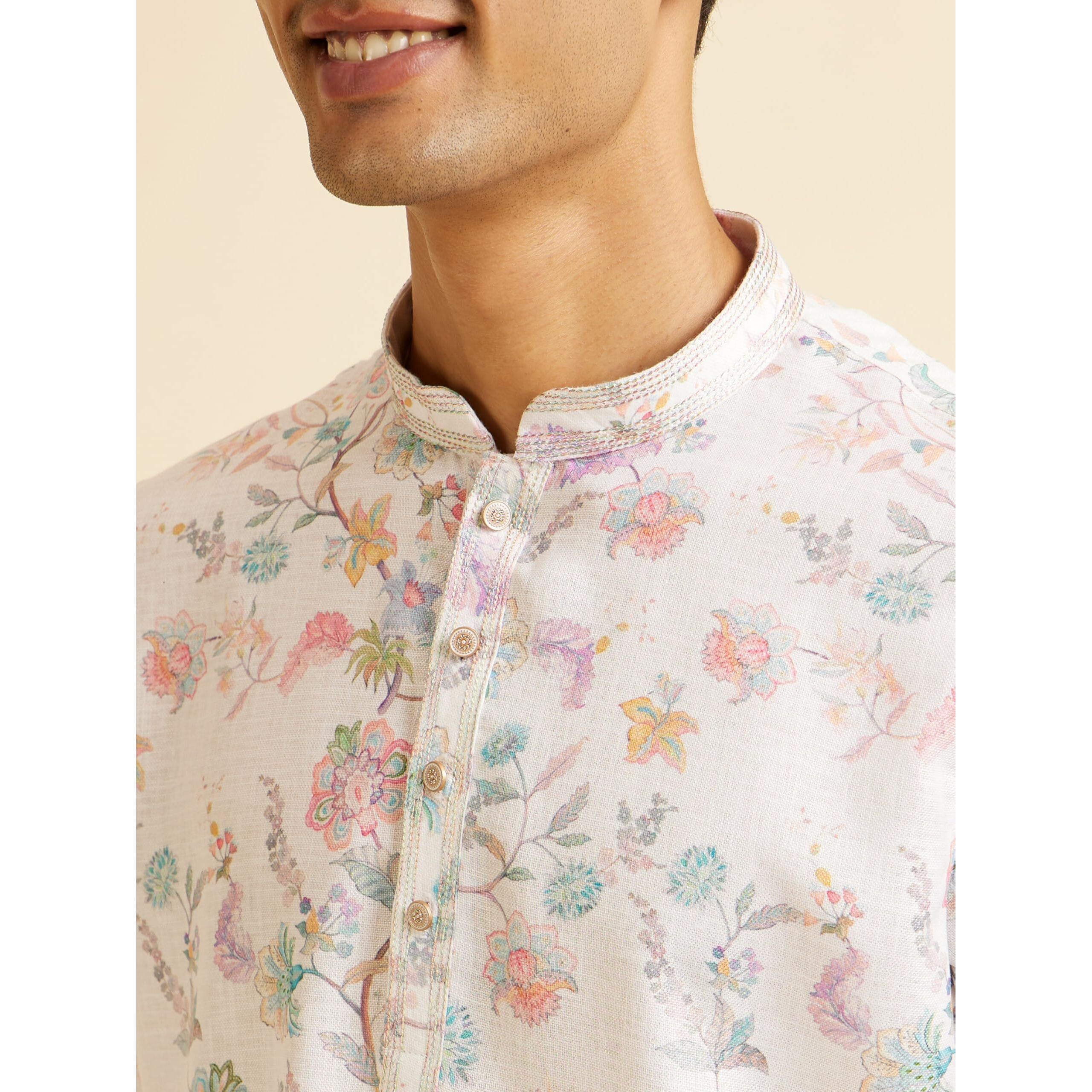 Manyavar Men's Cotton Blend Printed Short Kurta (Warm White,Xl)