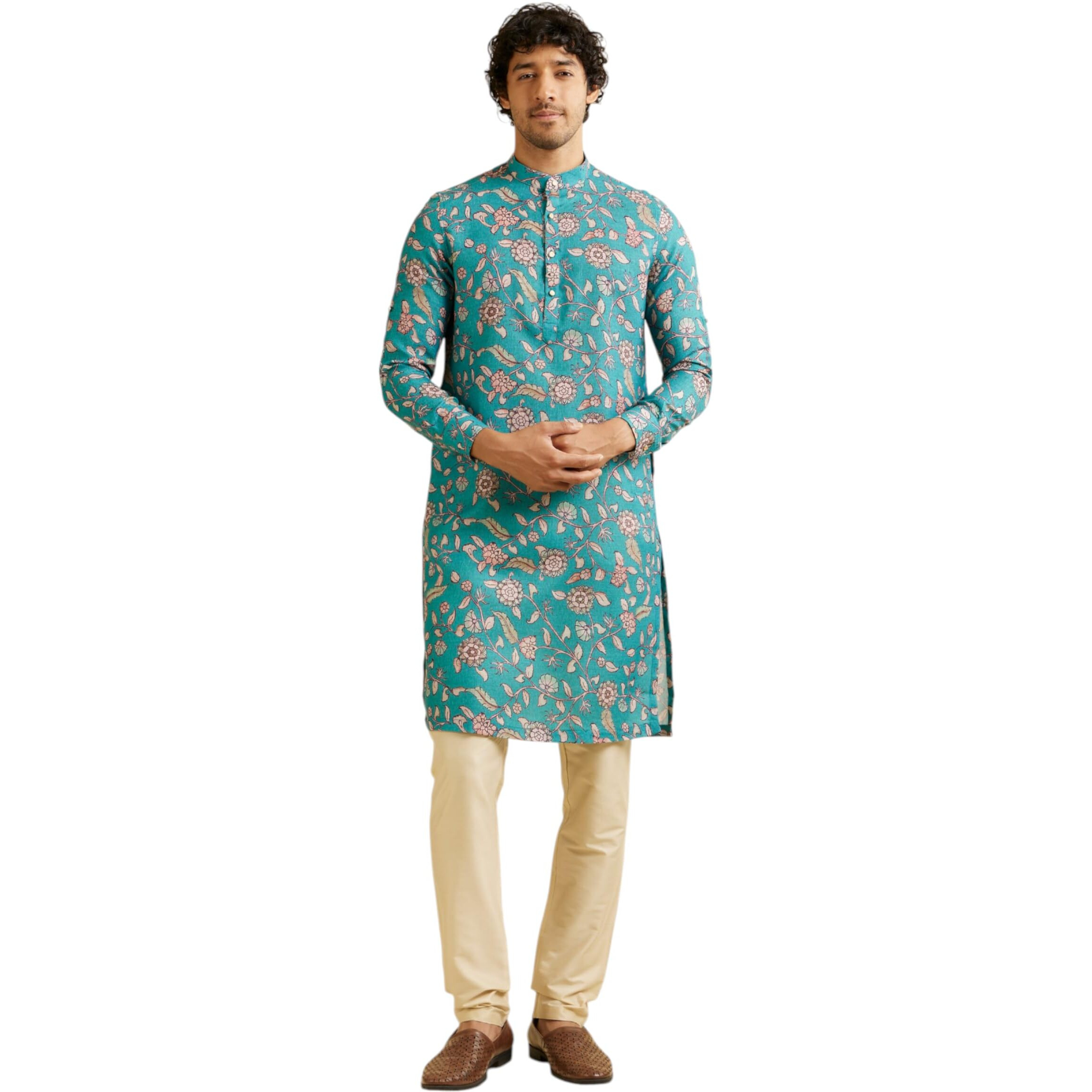 Manyavar Men's Viscose Blend Floral Print Kurta (Turquoise Blue,L)