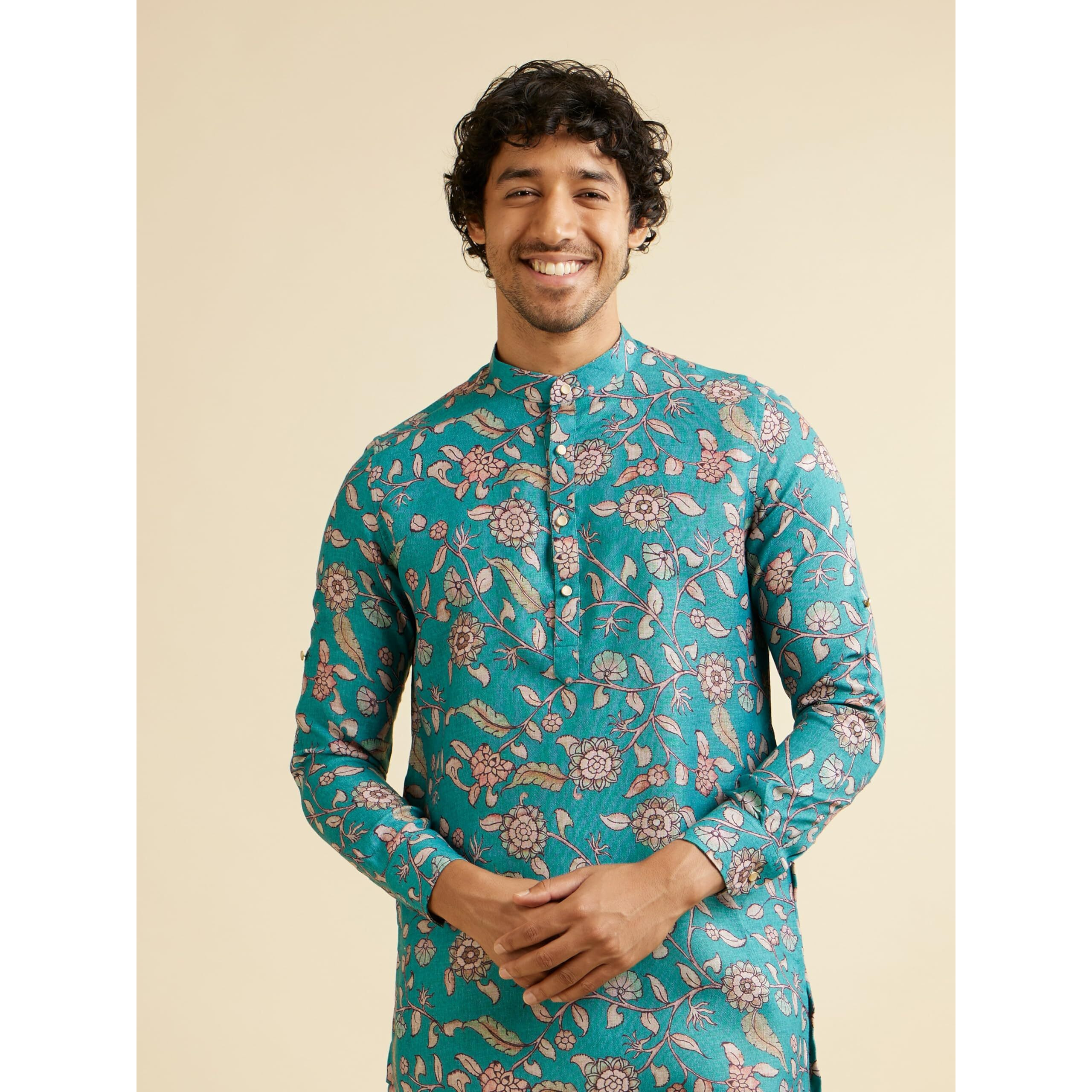 Manyavar Men's Viscose Blend Floral Print Kurta (Turquoise Blue,L)