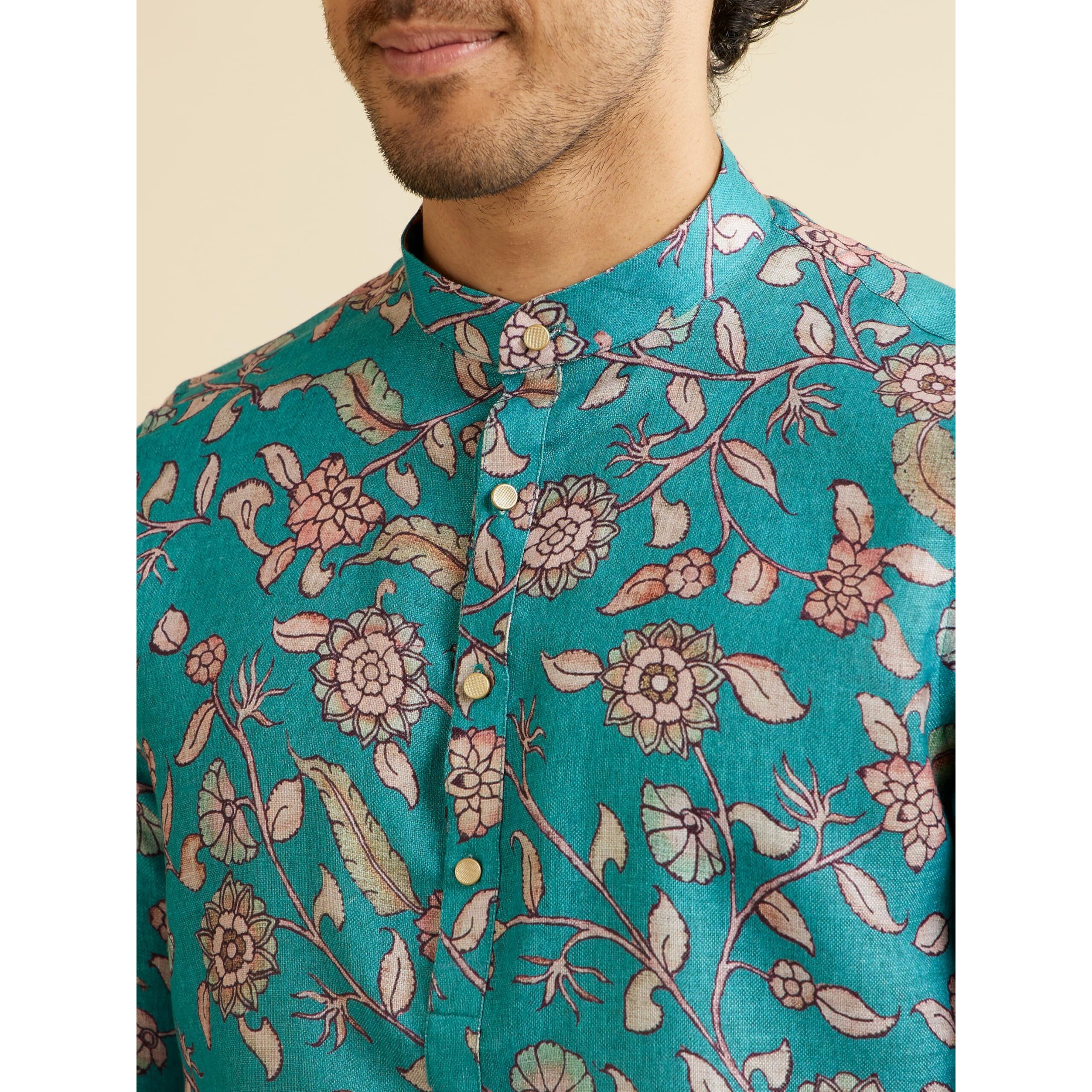 Manyavar Men's Viscose Blend Floral Print Kurta (Turquoise Blue,L)