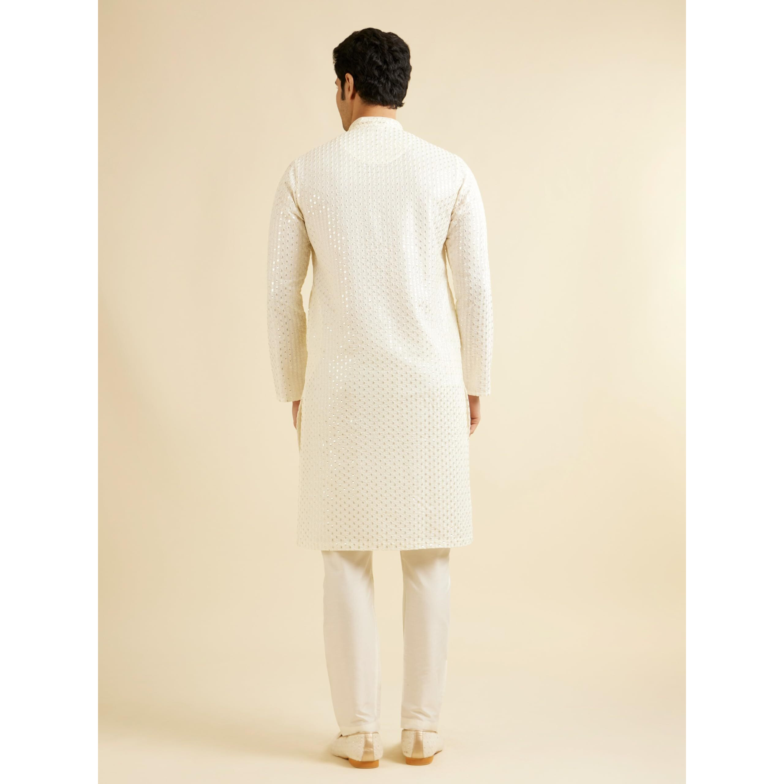 Manyavar Men's Art Silk Embroidery Mirror Work Kurta Set (Warm White,M)