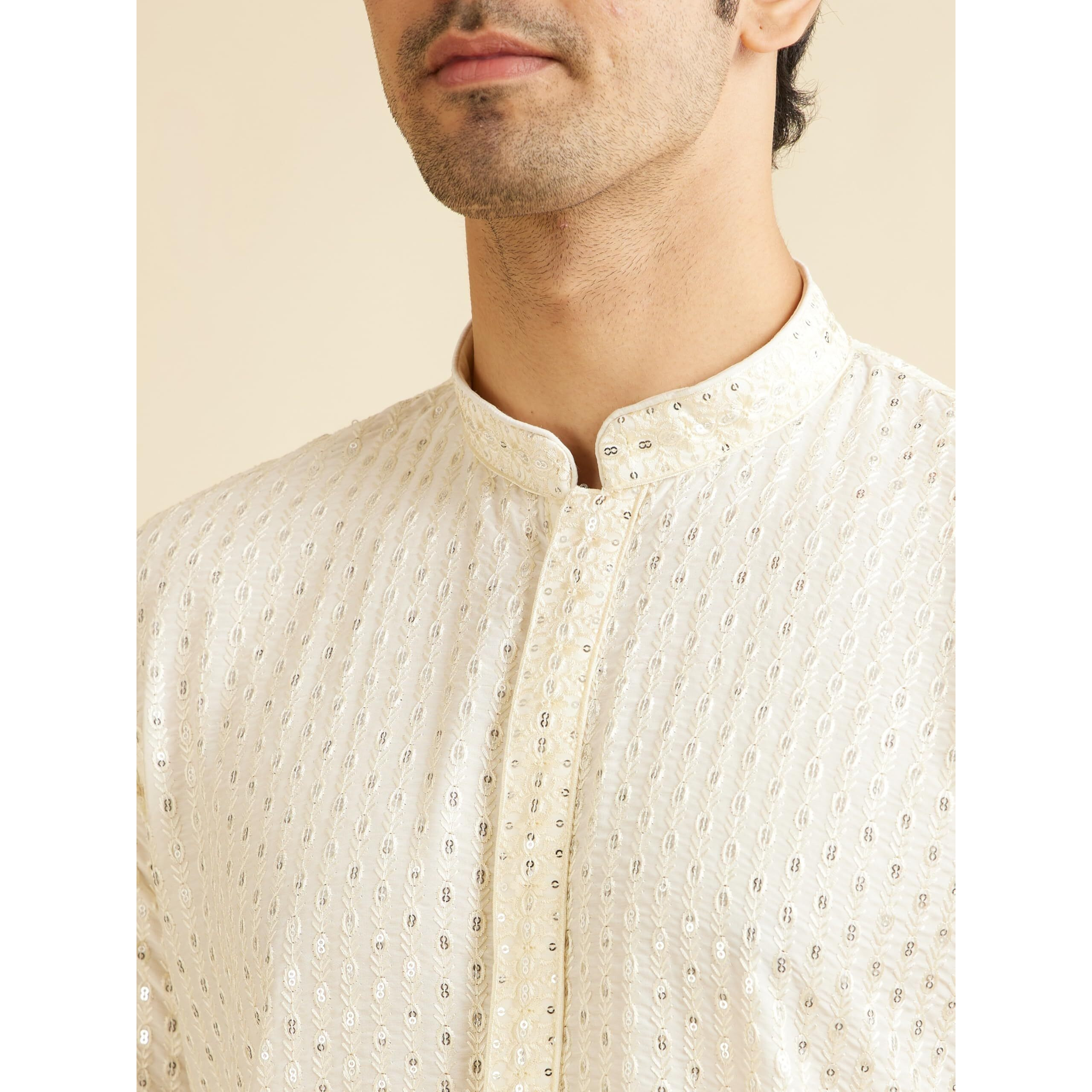 Manyavar Men's Art Silk Embroidery Mirror Work Kurta Set (Warm White,M)