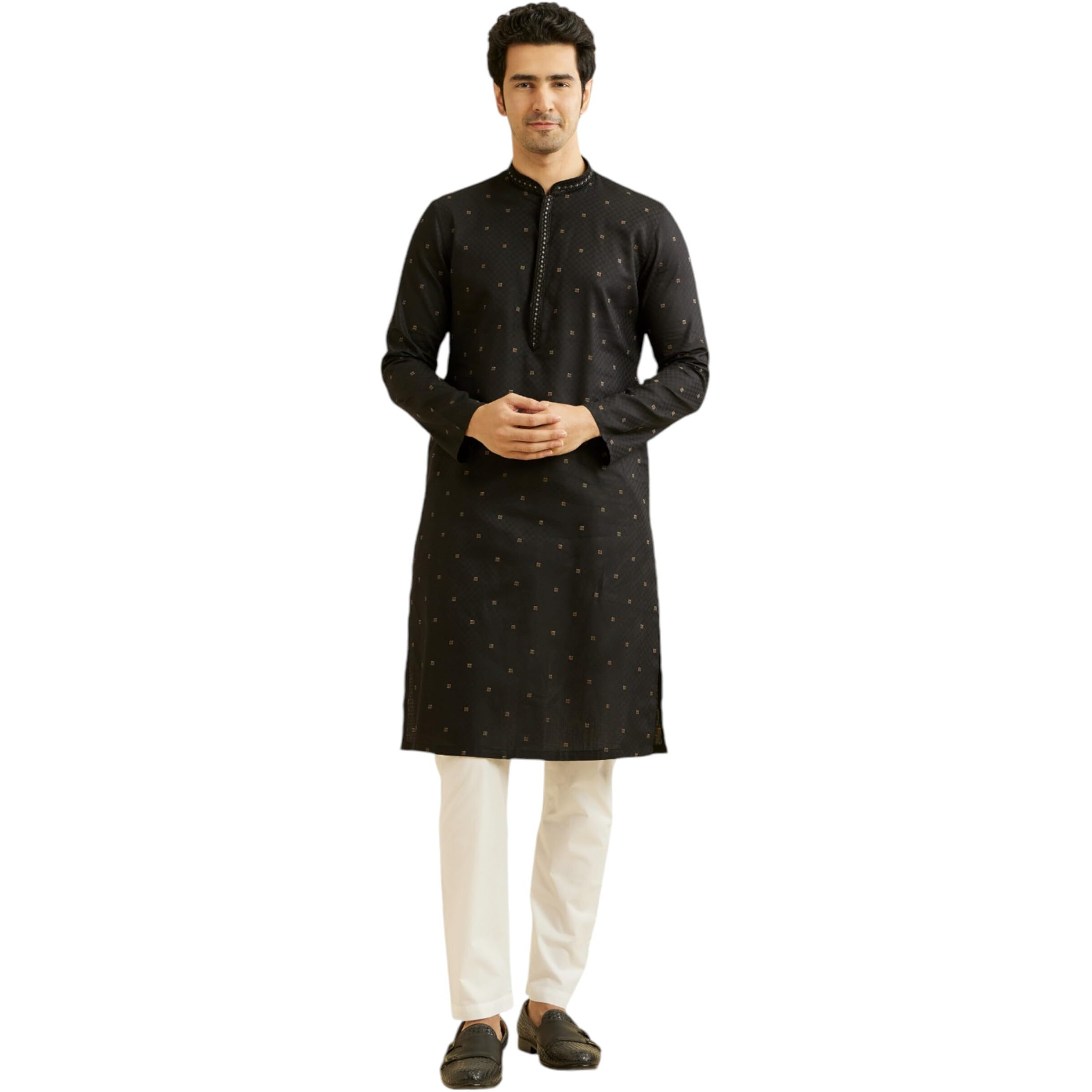 Manyavar Men's Cotton Printed Kurta Pyjama Set (Black,L)