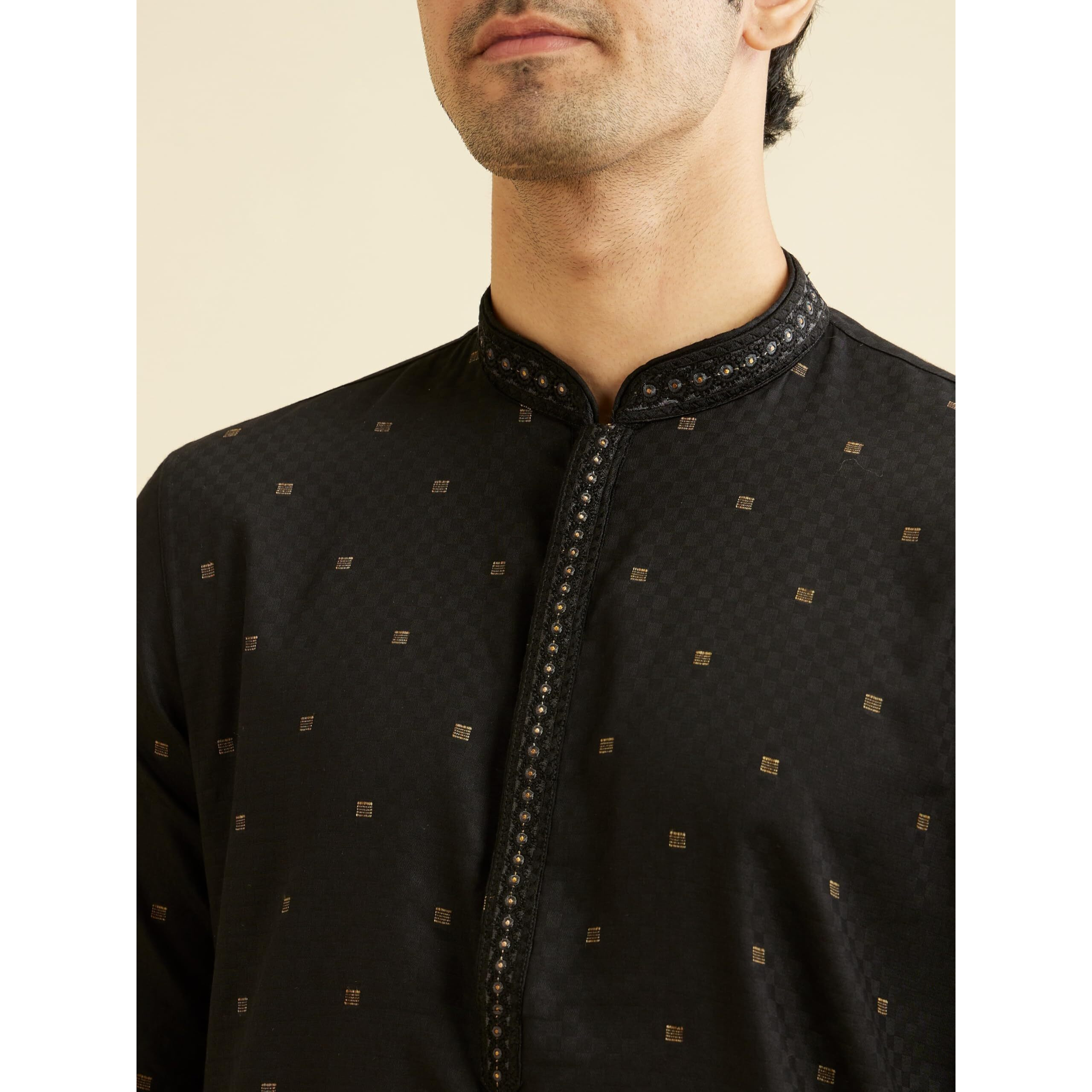 Manyavar Men's Cotton Printed Kurta Pyjama Set (Black,L)