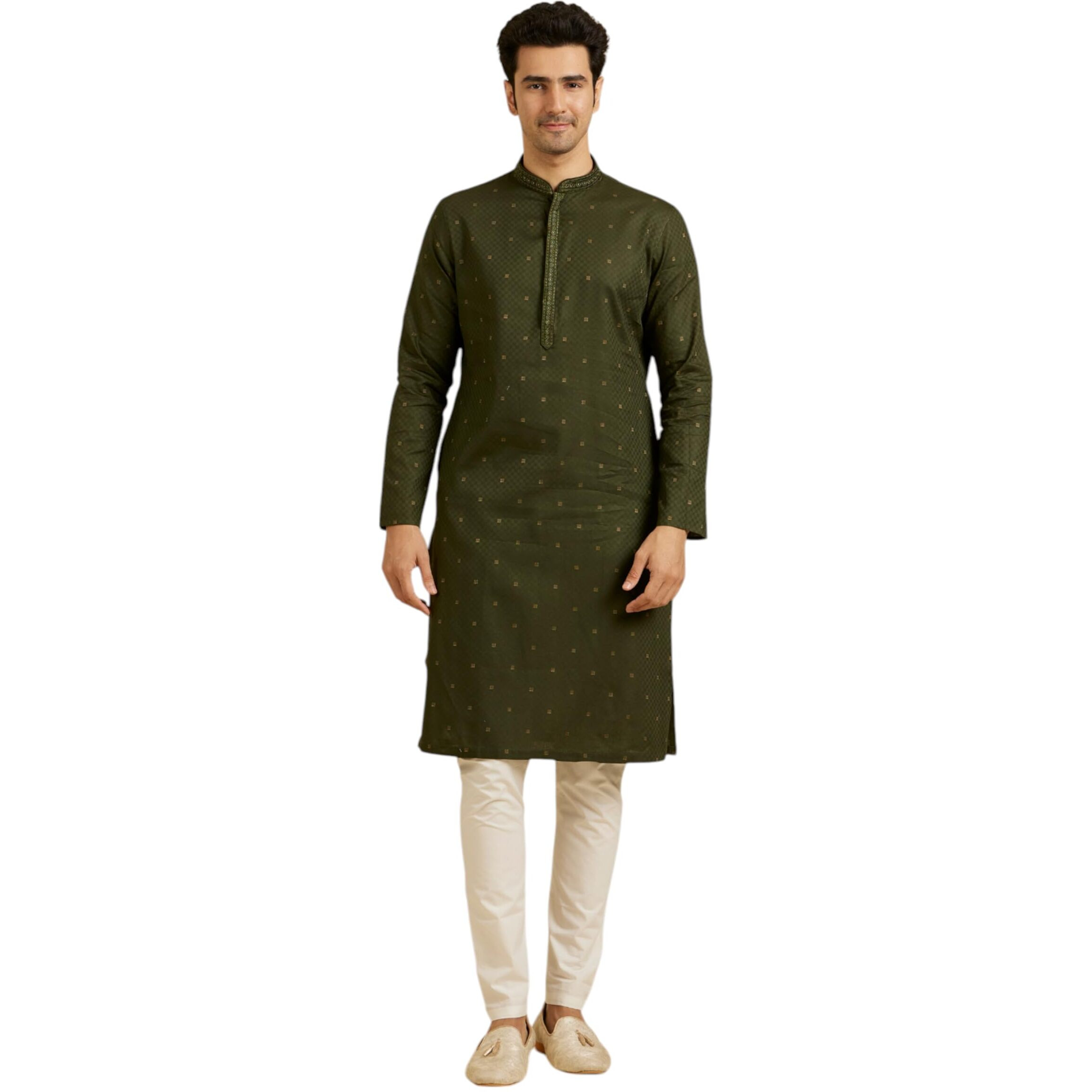 Manyavar Men's Cotton Regal Gold Zari Embroidered Kurta Pyjama Set (Green,L)