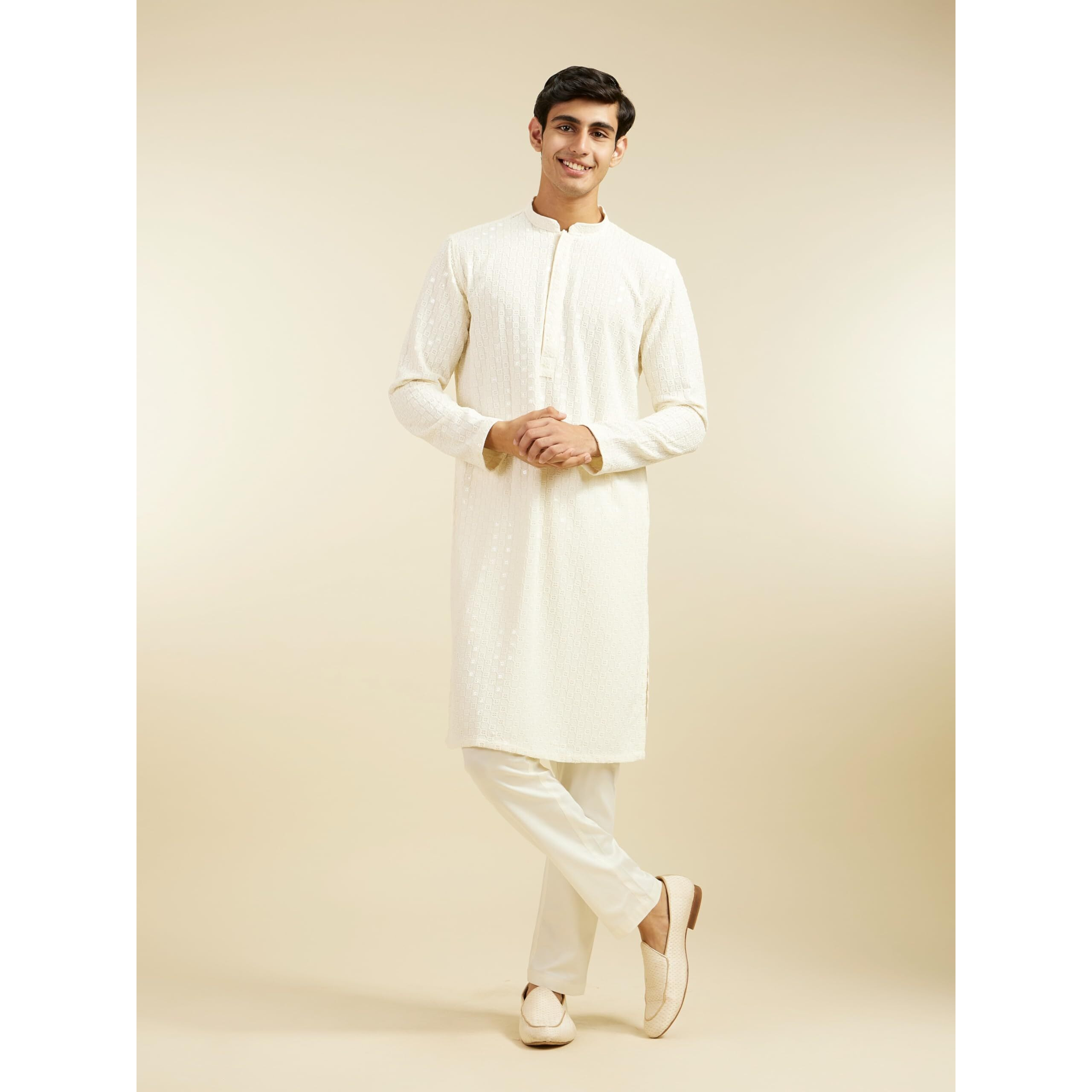Diwas By Manyavar Men's Viscose Embroidery|Sequin Work Kurta (Cream,M)