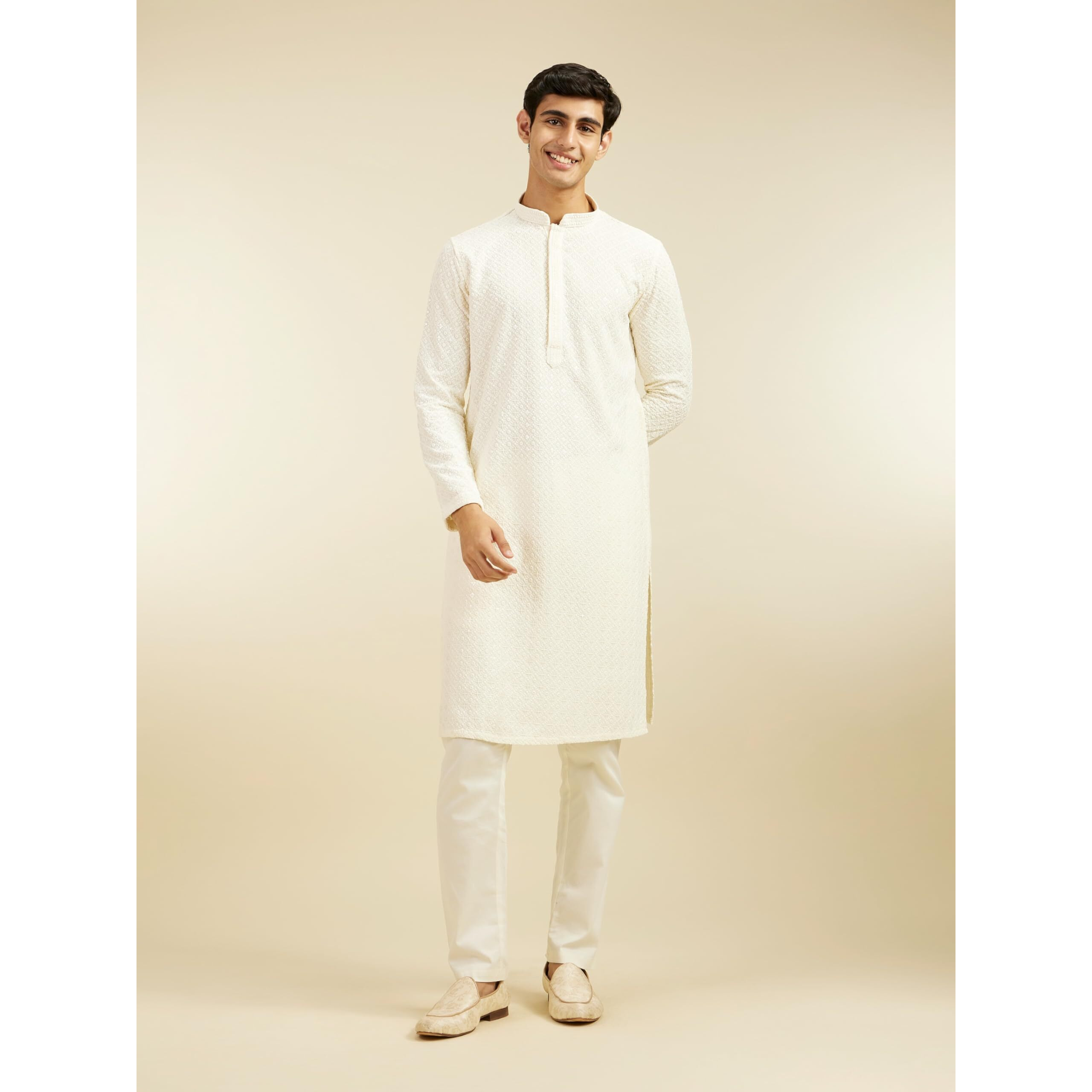 Diwas By Manyavar Men's Viscose Embroidery|Sequin Work Kurta (Cream,S)