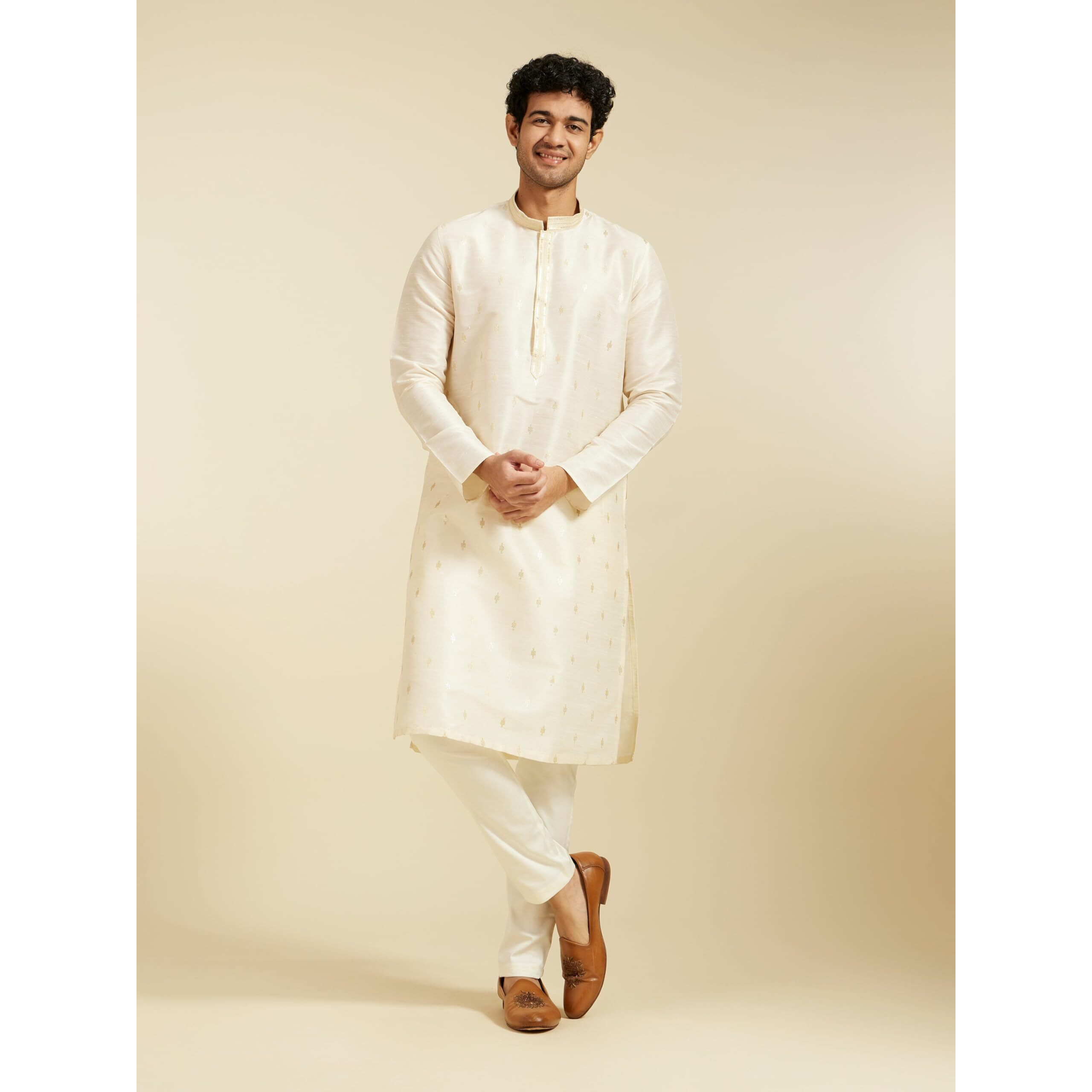 Diwas By Manyavar Men's Art Silk Thread Embroidered Sequined Kurta (Cream,Xl)