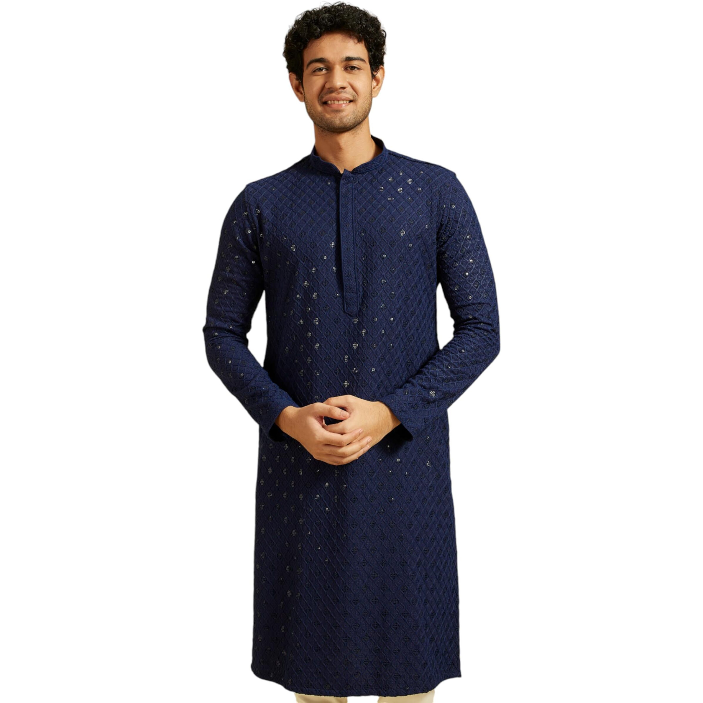 Diwas By Manyavar Men's Viscose Embroidery|Sequin Work Kurta (Dark Blue,Xxl)