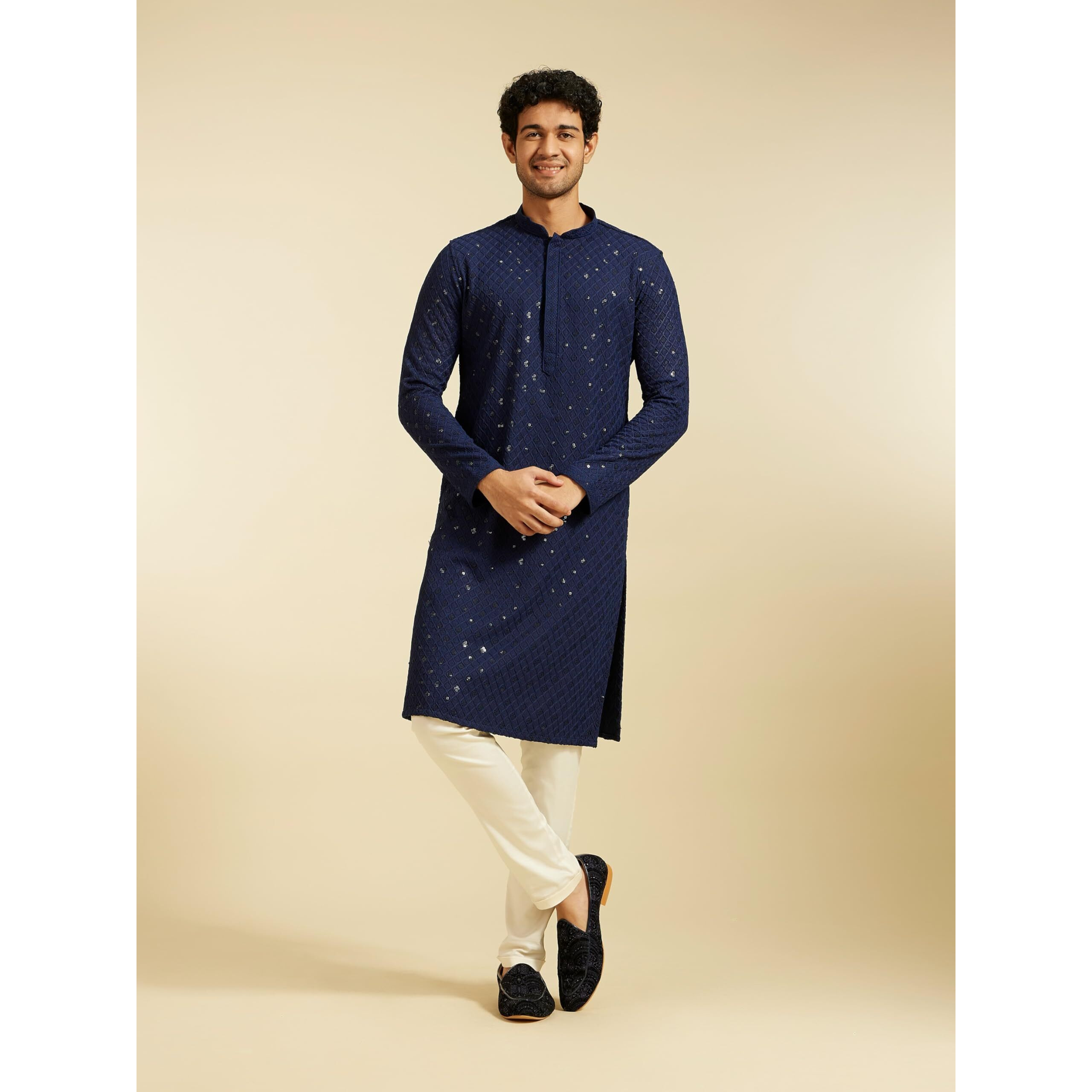 Diwas By Manyavar Men's Viscose Embroidery|Sequin Work Kurta (Dark Blue,Xxl)