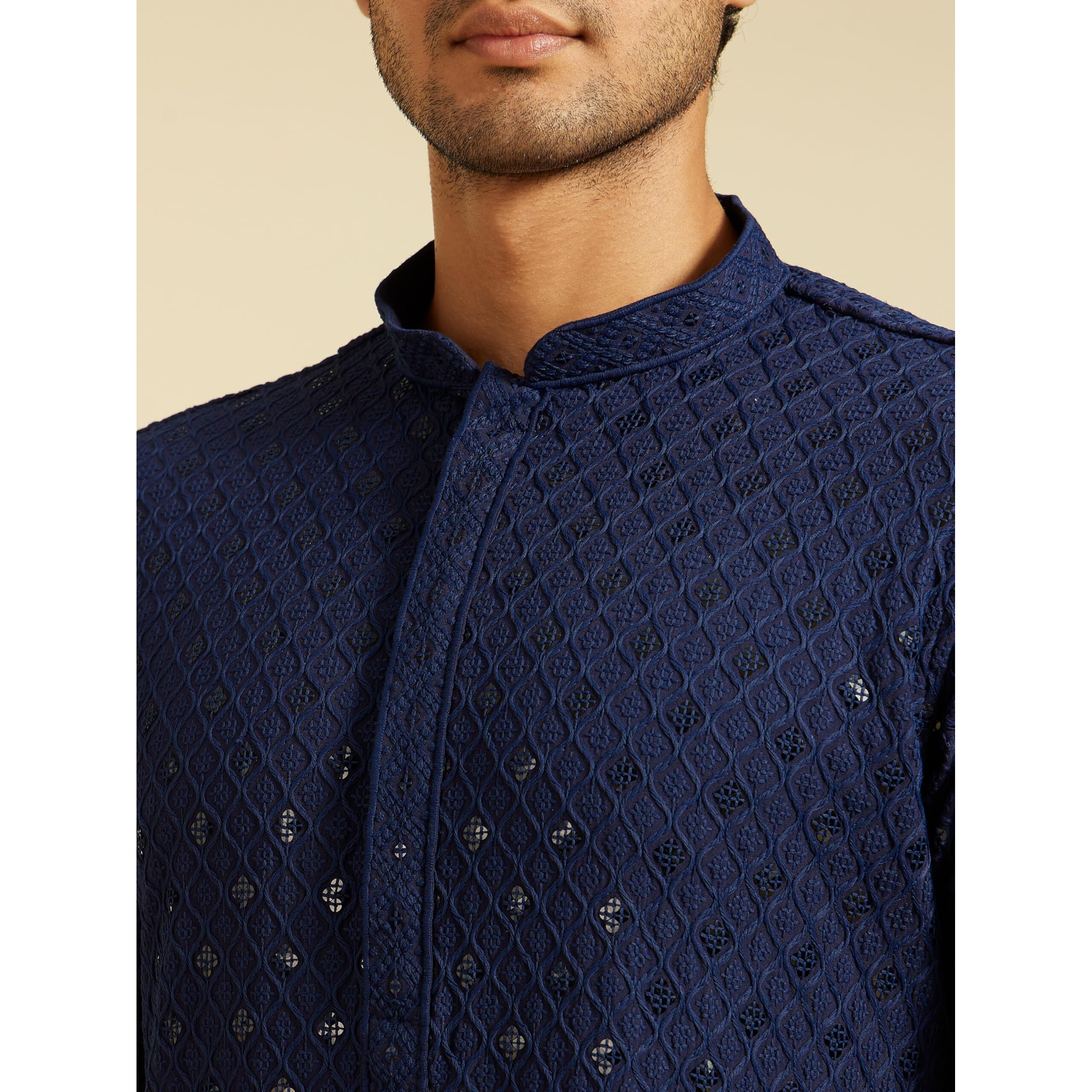 Diwas By Manyavar Men's Viscose Embroidery|Sequin Work Kurta (Dark Blue,Xxl)