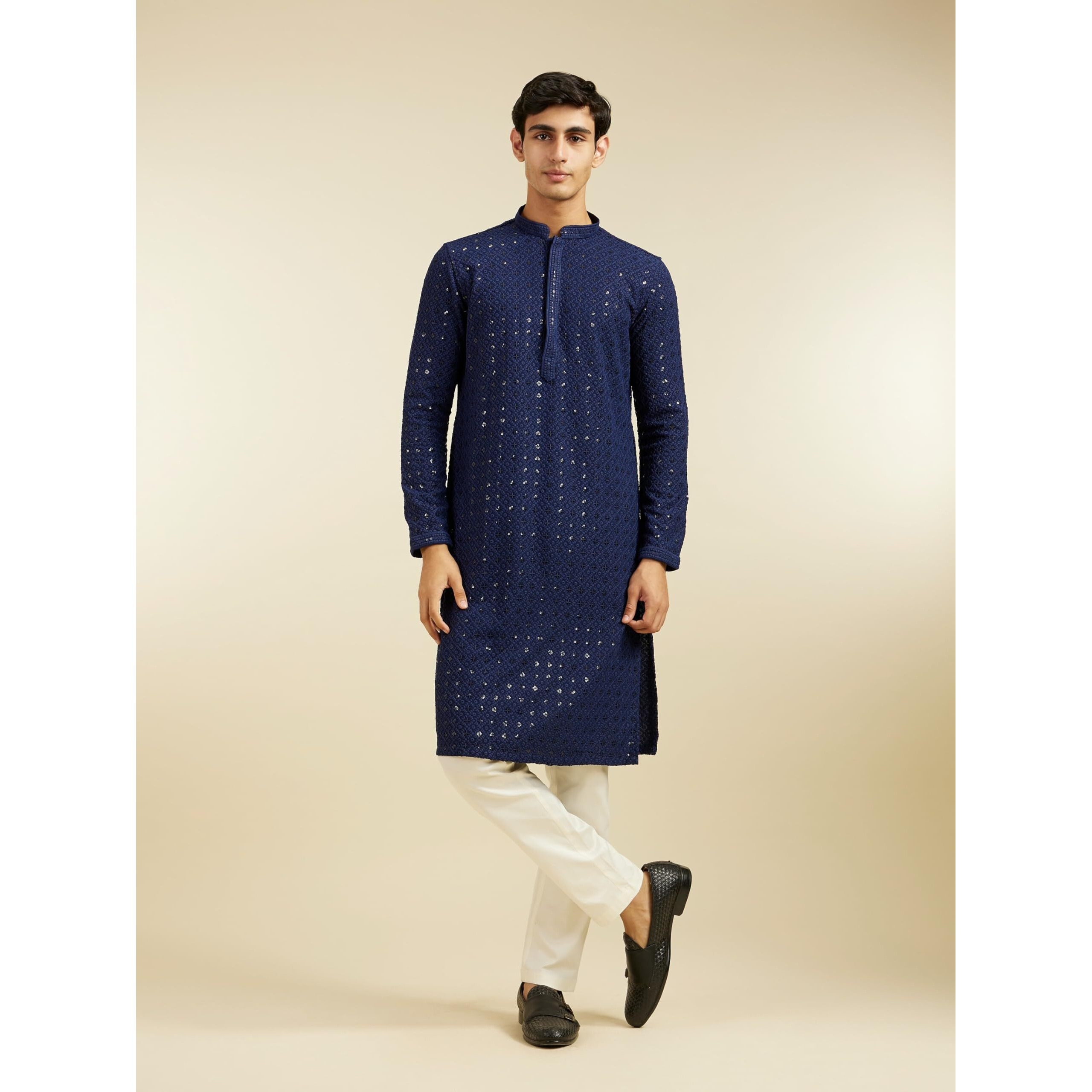 Diwas By Manyavar Men's Viscose Embroidery|Sequin Work Kurta (Dark Blue,M)