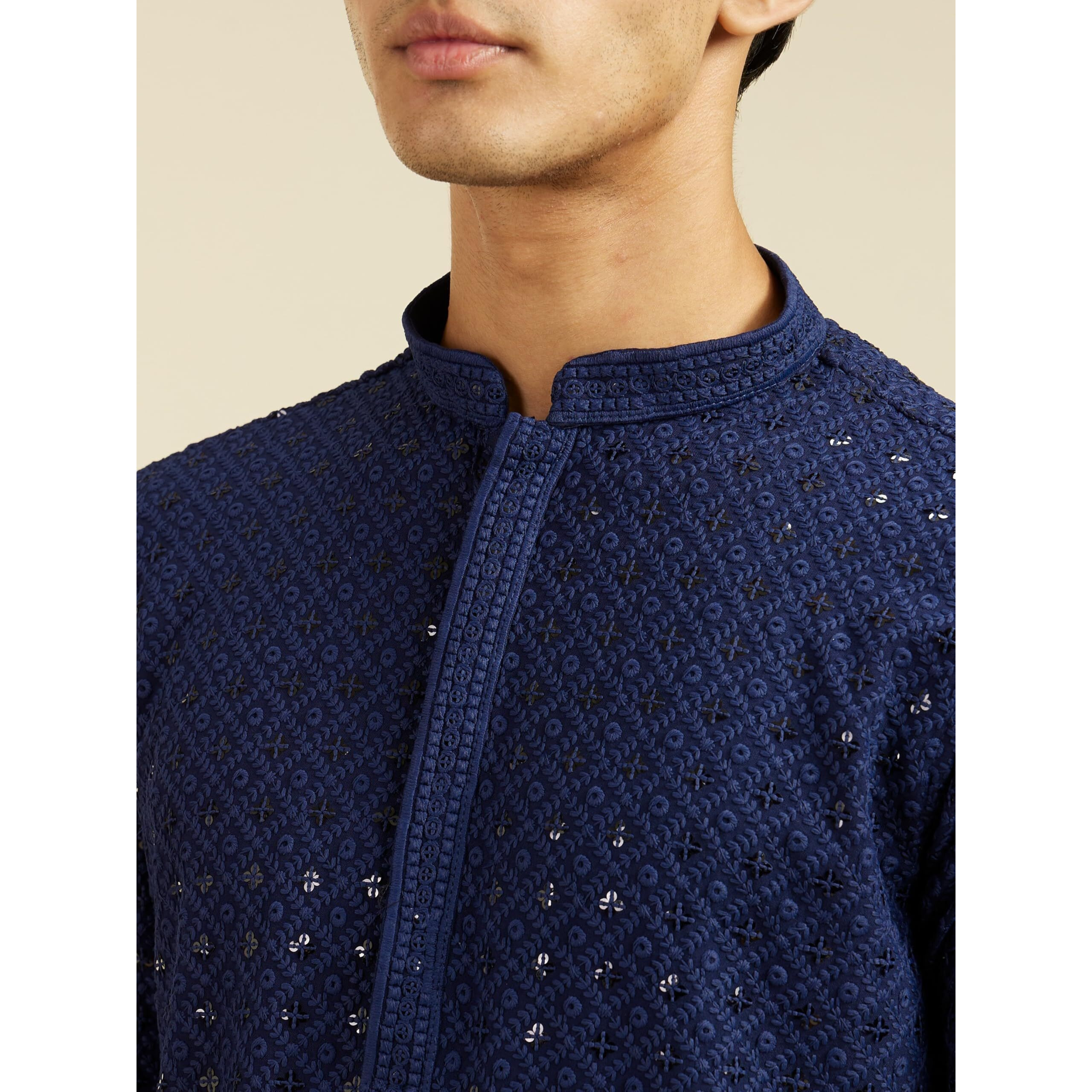 Diwas By Manyavar Men's Viscose Embroidery|Sequin Work Kurta (Dark Blue,M)