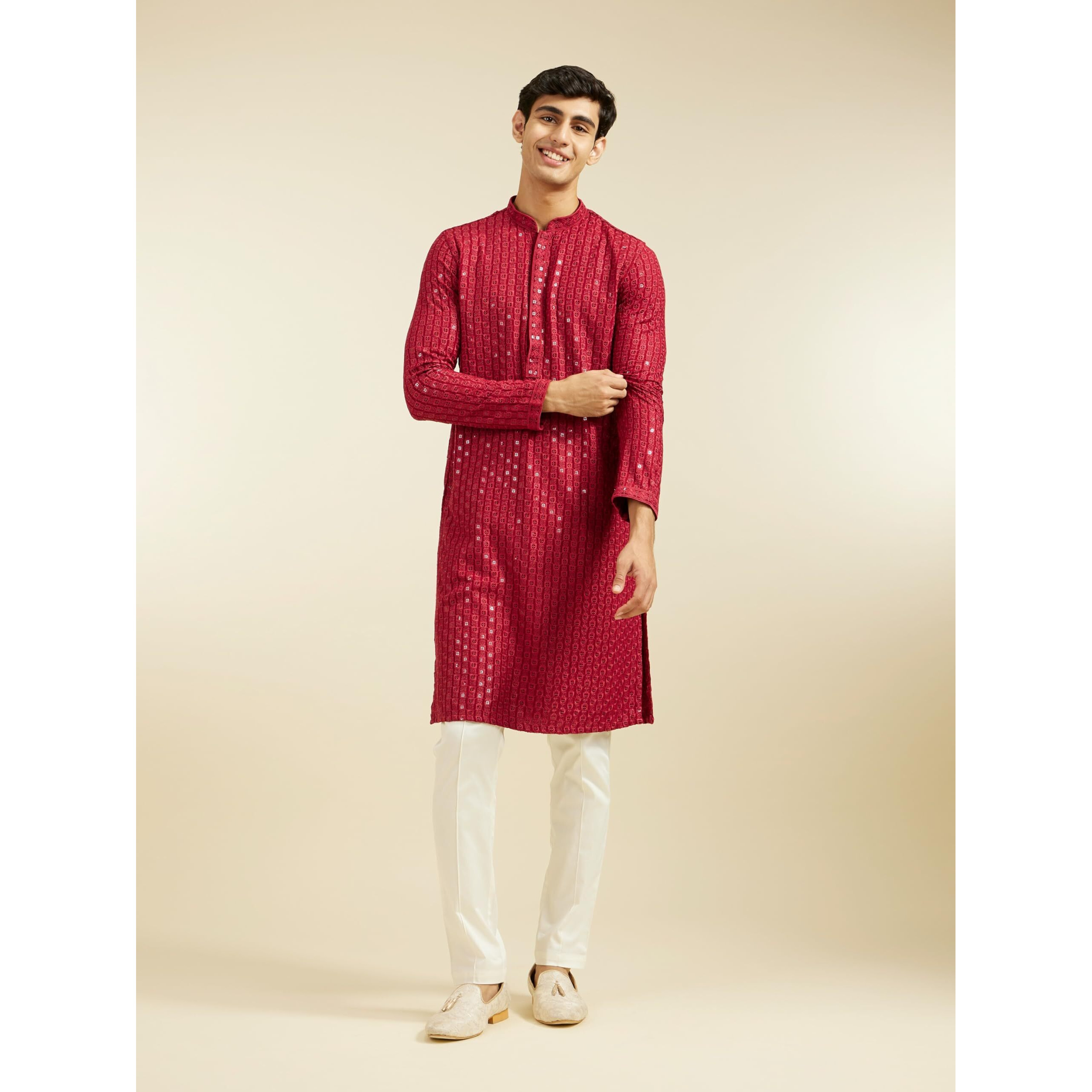 Diwas By Manyavar Men's Viscose Embroidery|Sequin Work Kurta (Maroon,Xxxl)