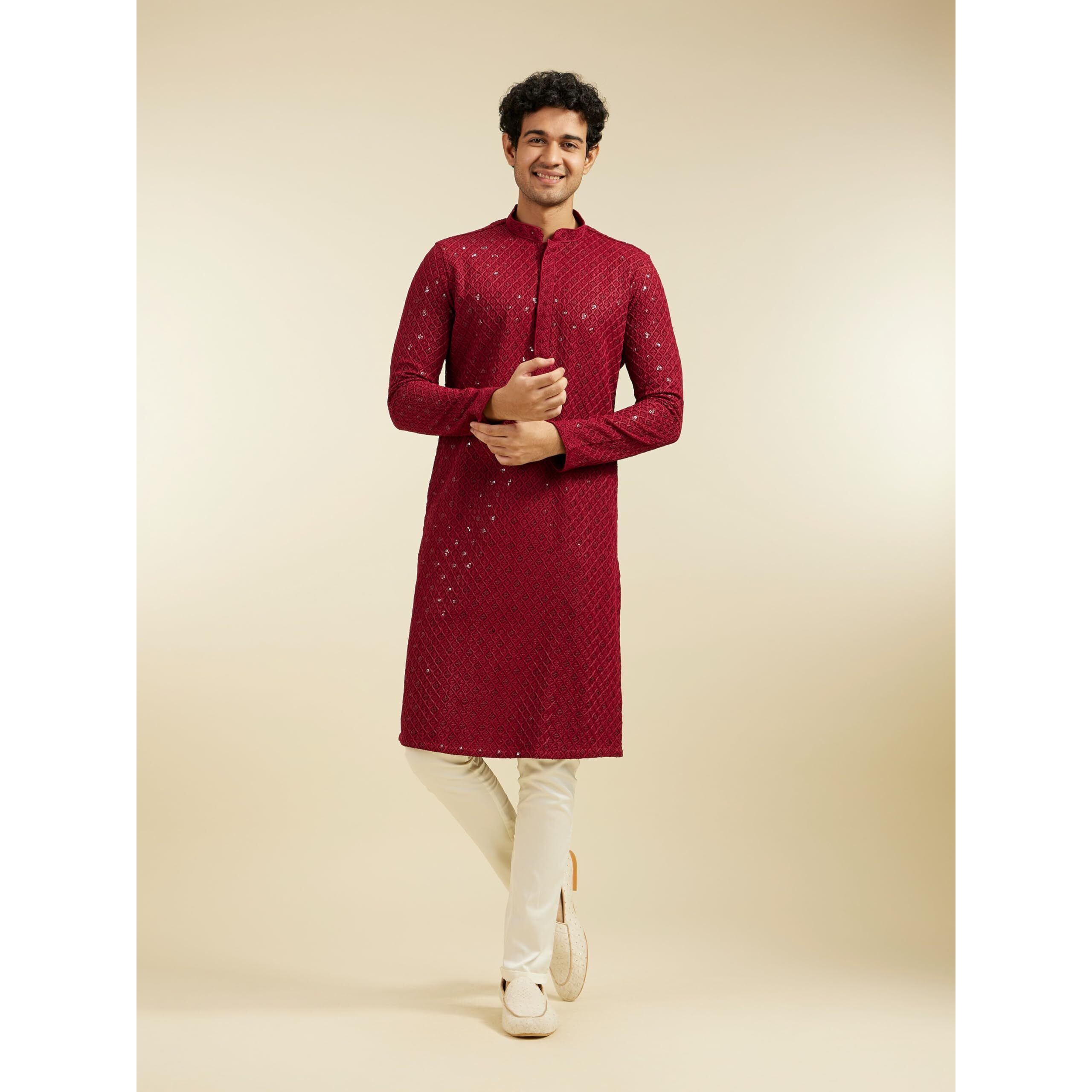 Diwas By Manyavar Men's Viscose Embroidery|Sequin Work Kurta (Maroon,Xxl)