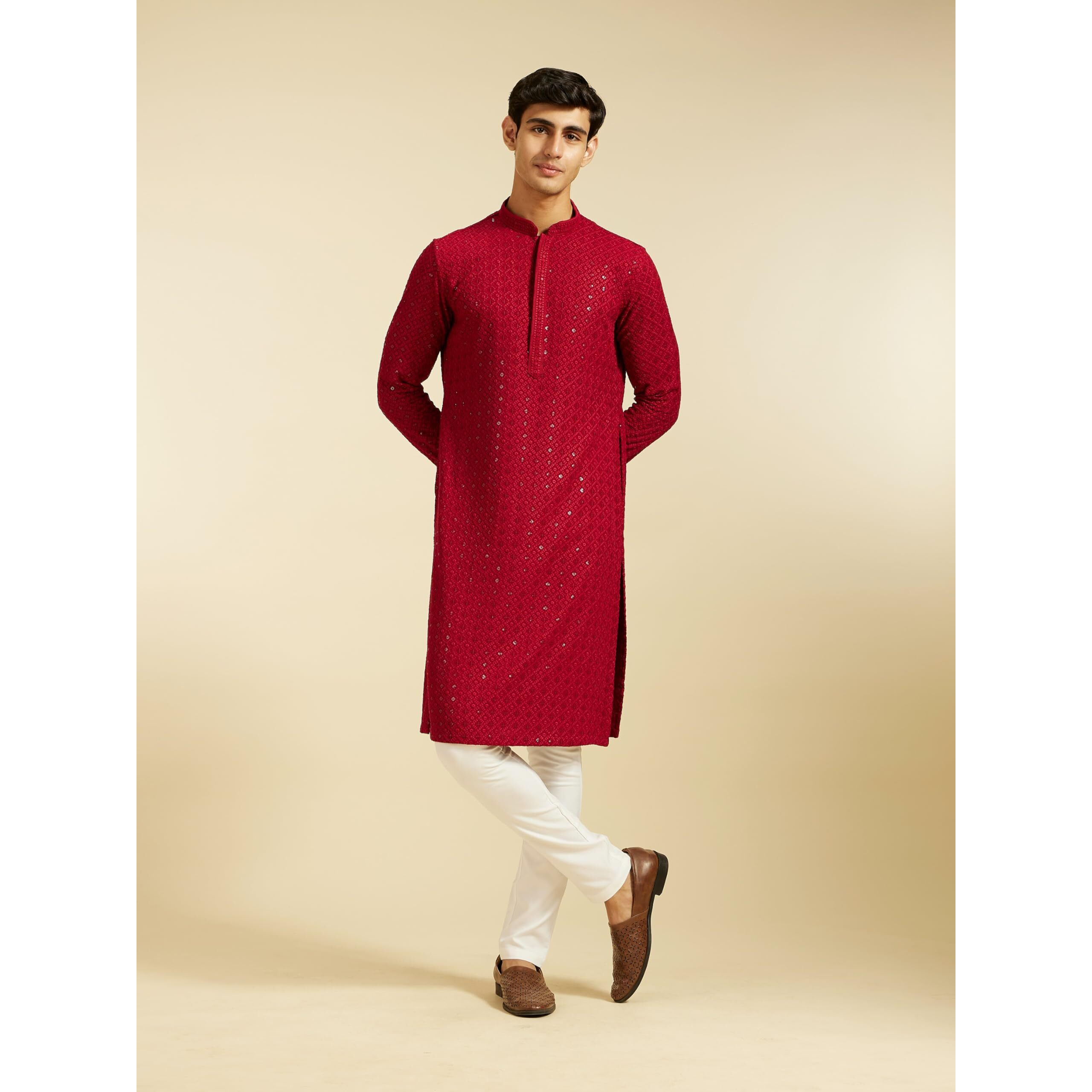 Diwas By Manyavar Men's Viscose Embroidery|Sequin Work Kurta (Maroon,Xxxl)