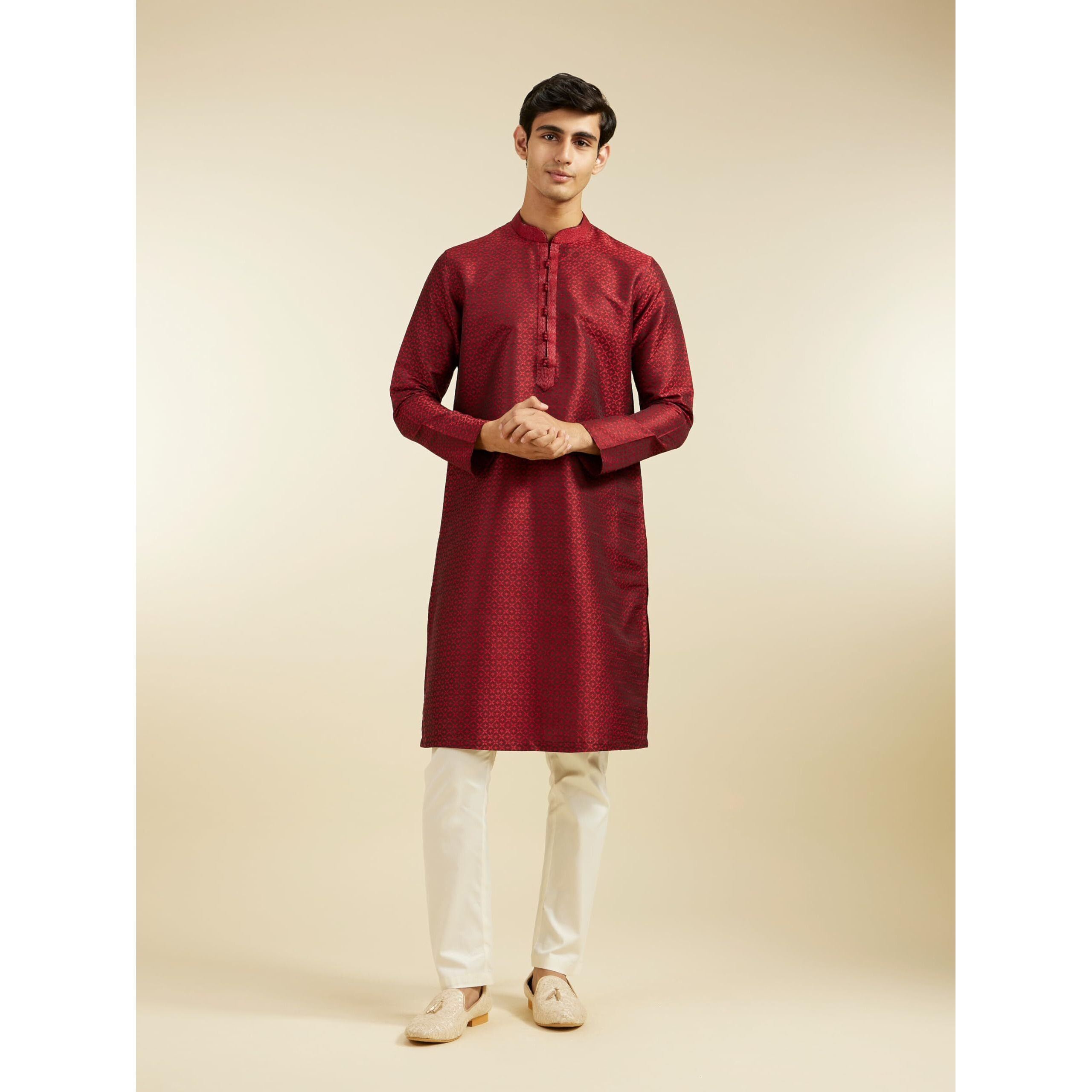 Diwas By Manyavar Men's Art Silk Jacquard| Self Design Kurta (Maroon,M)