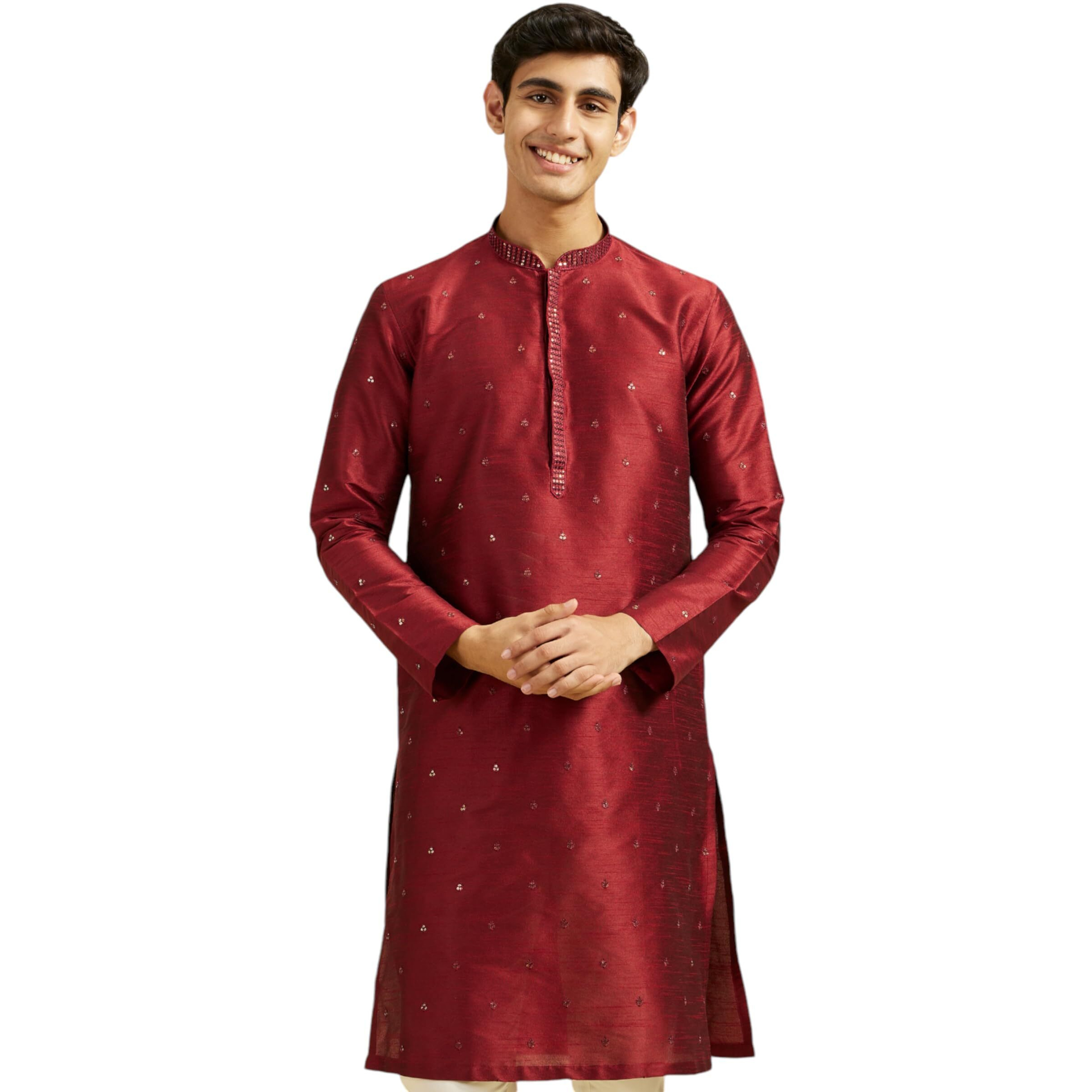 Diwas By Manyavar Men's Art Silk Sequined Kurta (Maroon,S)