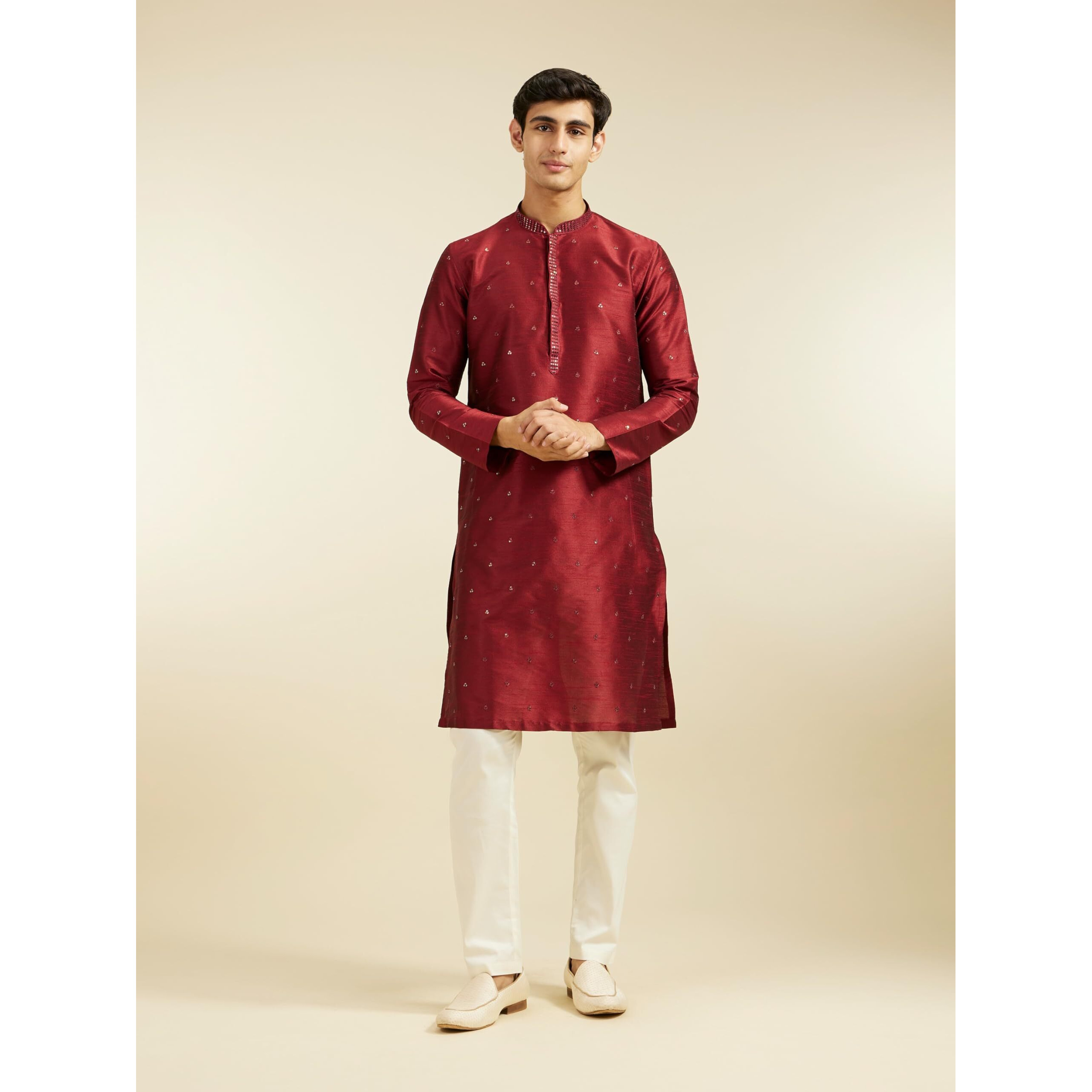 Diwas By Manyavar Men's Art Silk Sequined Kurta (Maroon,S)