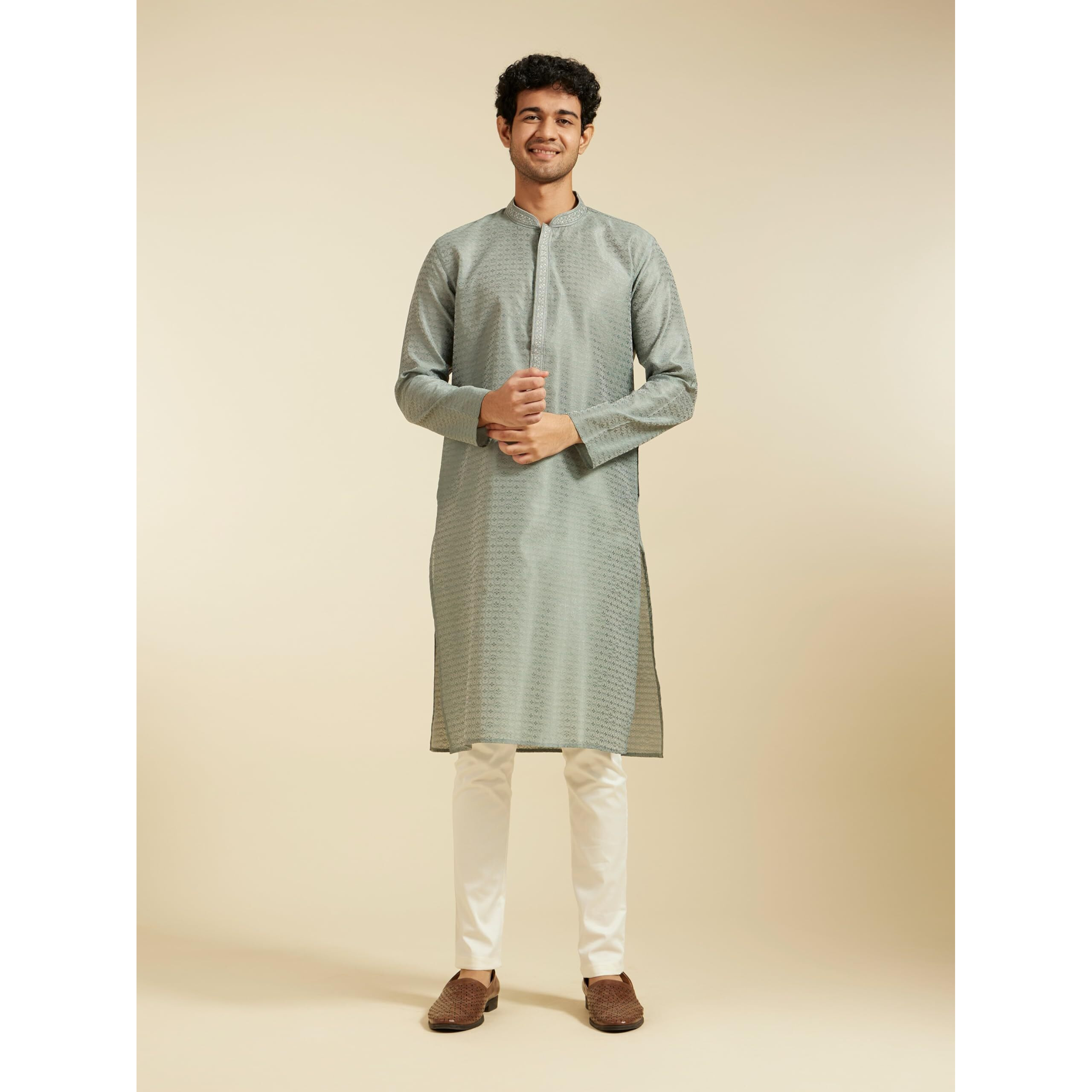 Diwas By Manyavar Men's Art Silk Self Design Kurta (Pista Green,S)