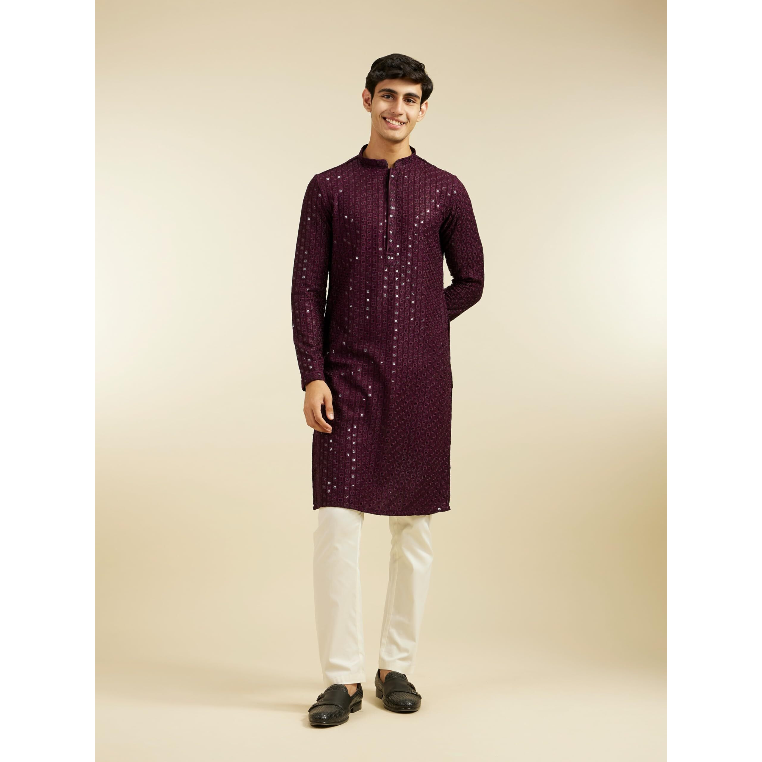 Diwas By Manyavar Men's Viscose Embroidery|Sequin Work Kurta (Purple,Xxl)