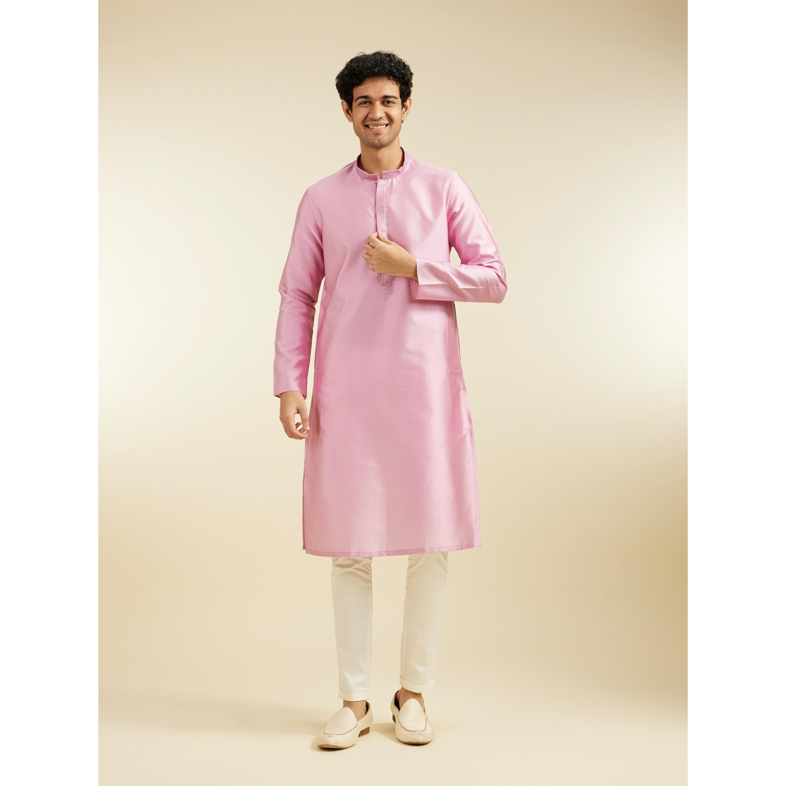 Diwas By Manyavar Men's Art Silk Jacquard| Self Design Kurta (Pink,L)