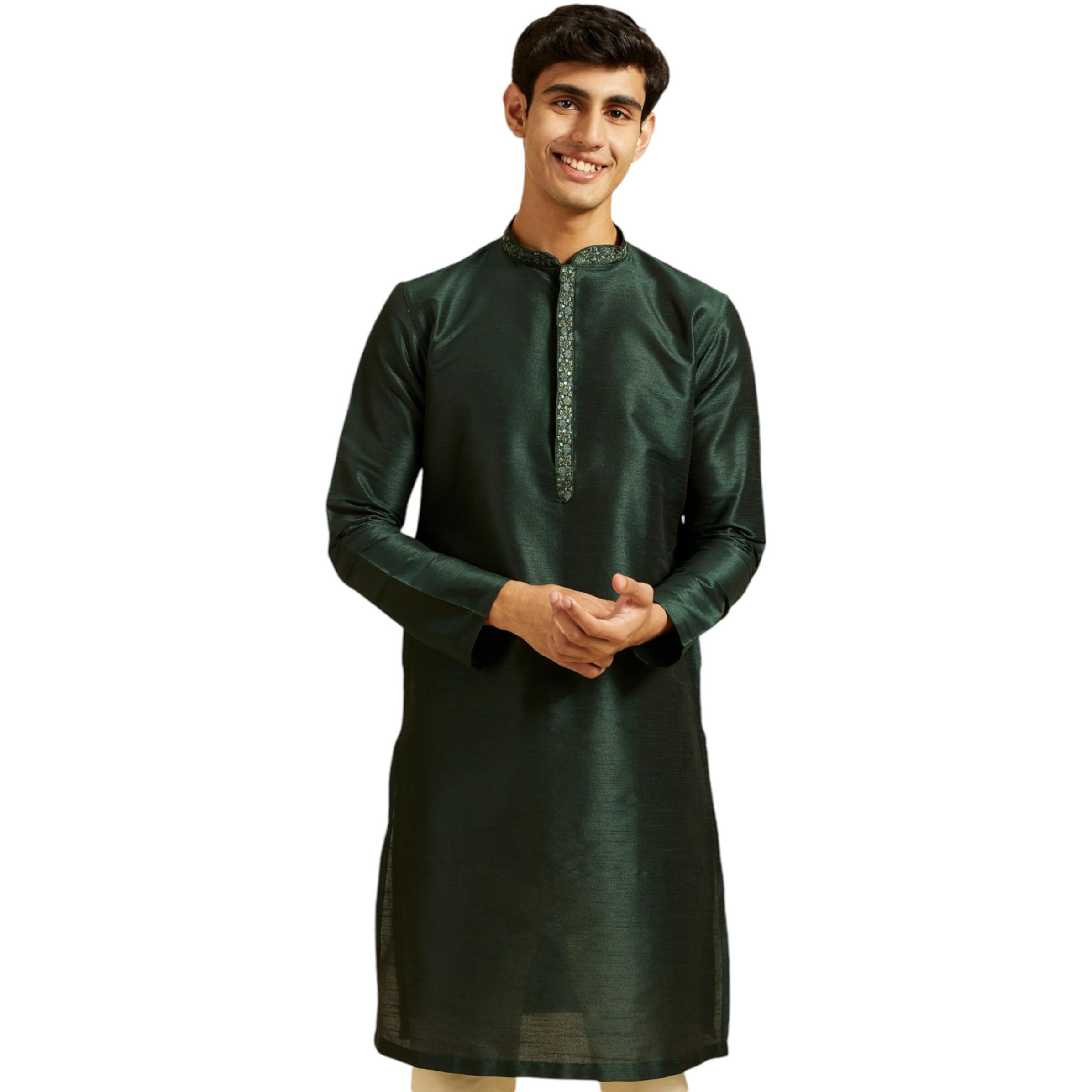 Diwas By Manyavar Men's Art Silk Embroidered Solid Kurta (Dark Green,Xl)