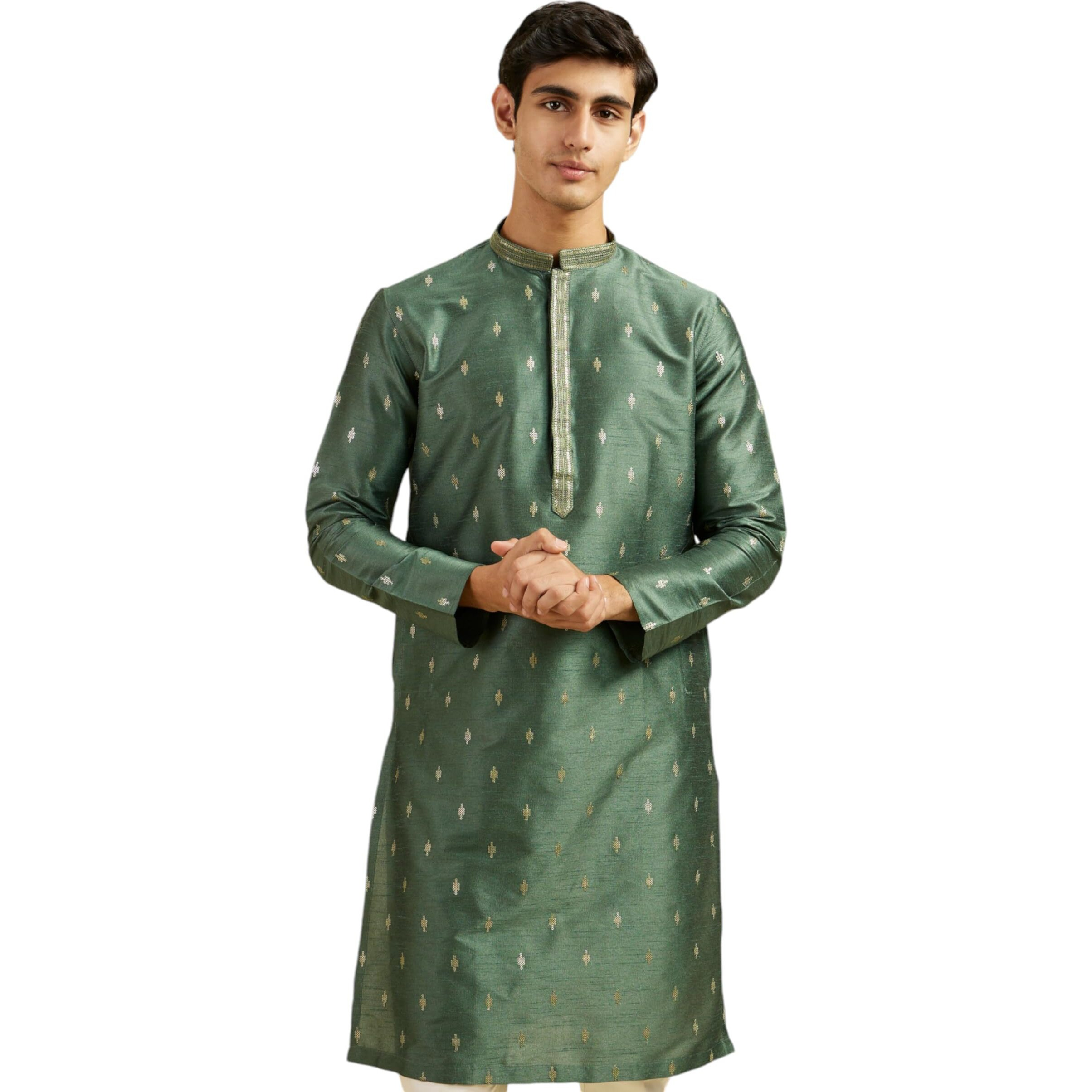Diwas By Manyavar Men's Art Silk Thread Embroidered Sequined Kurta (Green,M)