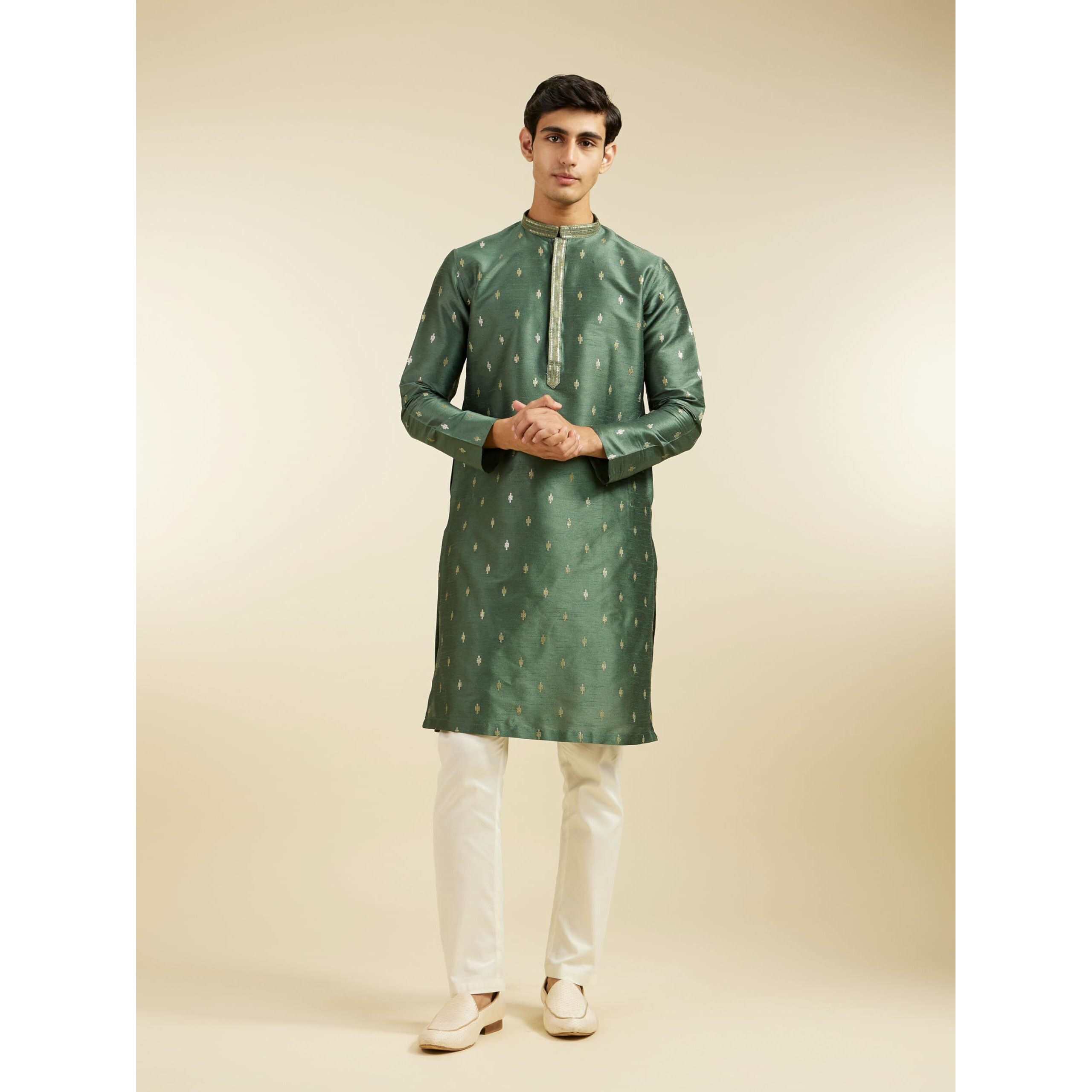 Diwas By Manyavar Men's Art Silk Thread Embroidered Sequined Kurta (Green,M)