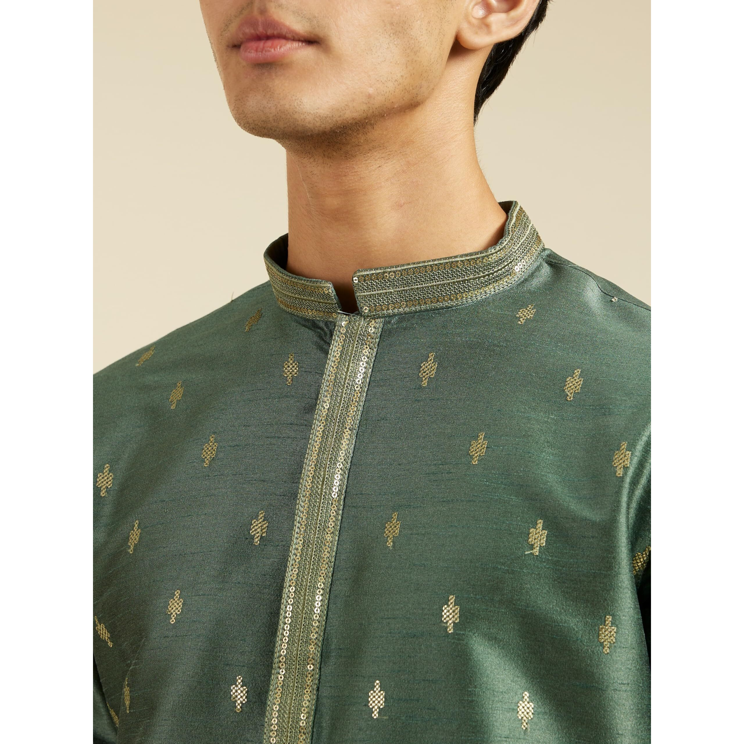Diwas By Manyavar Men's Art Silk Thread Embroidered Sequined Kurta (Green,M)