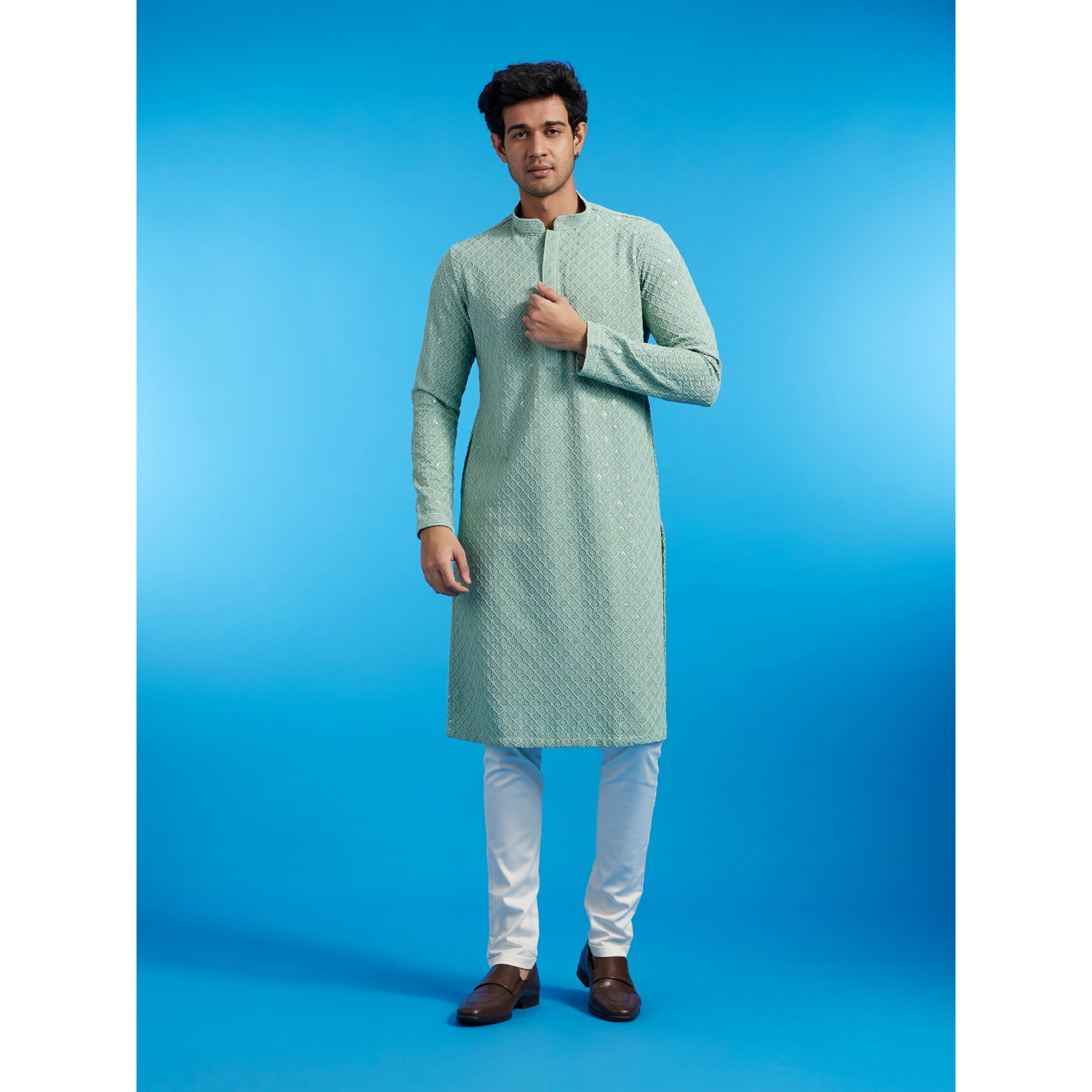 Diwas By Manyavar Men's Viscose Embroidery|Sequin Work Kurta (Light Mid Green,S)