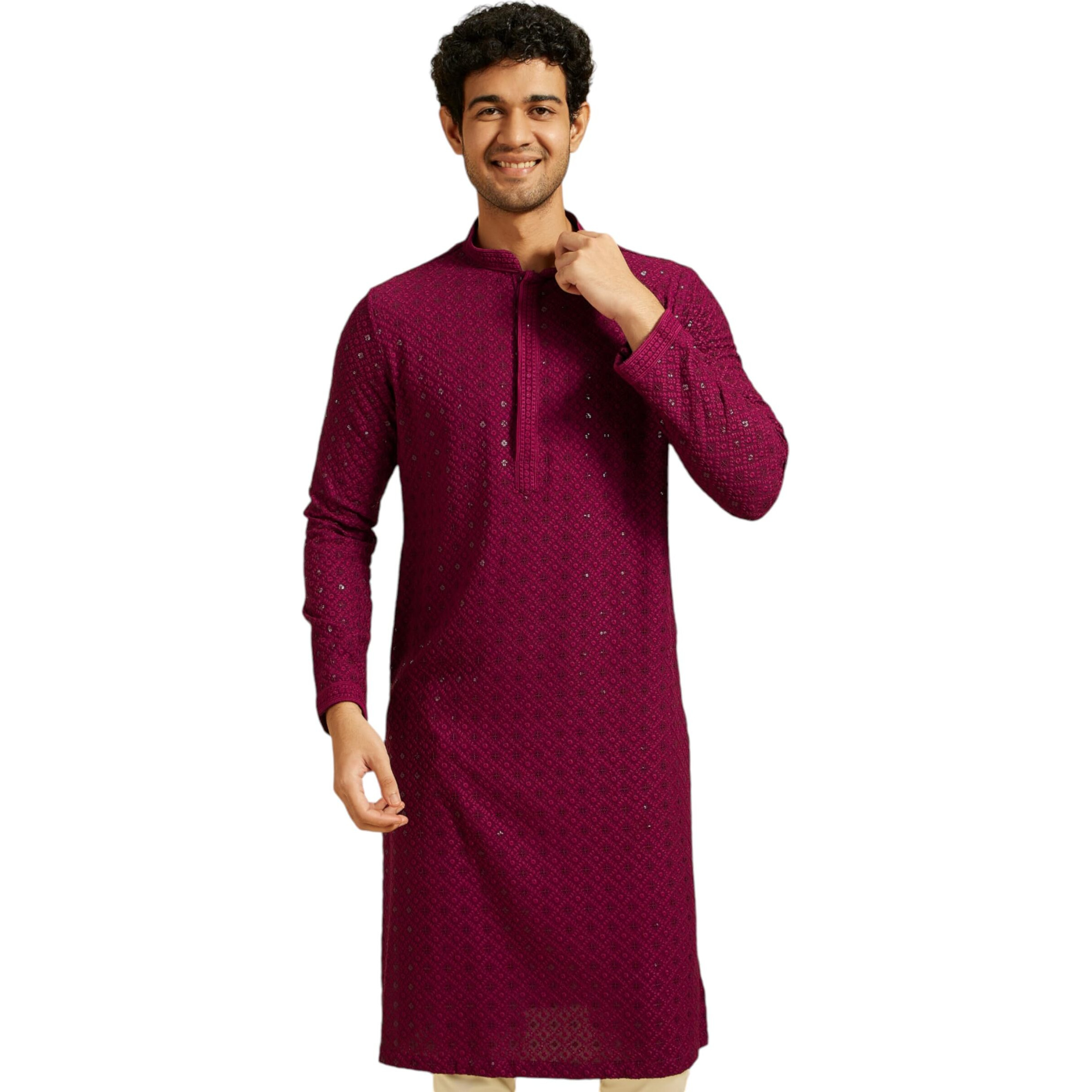 Diwas By Manyavar Men's Viscose Embroidery|Sequin Work Kurta (Wine,L)